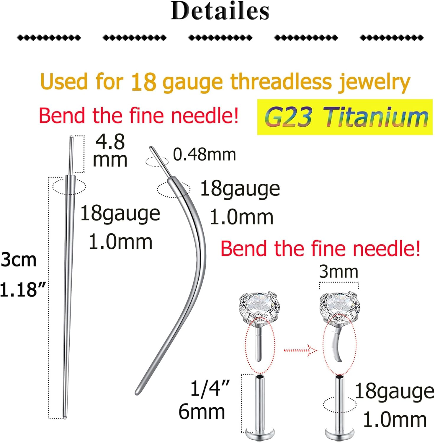 QWALIT Piercing Taper Threadless Piercing Changing Tool Piercing Taper Insertion Tool Piercing Threader Tool Flat Back Earring Applicator Tool Labret Titanium Threadless Insertion Pin 16G 18G 20G image number 3