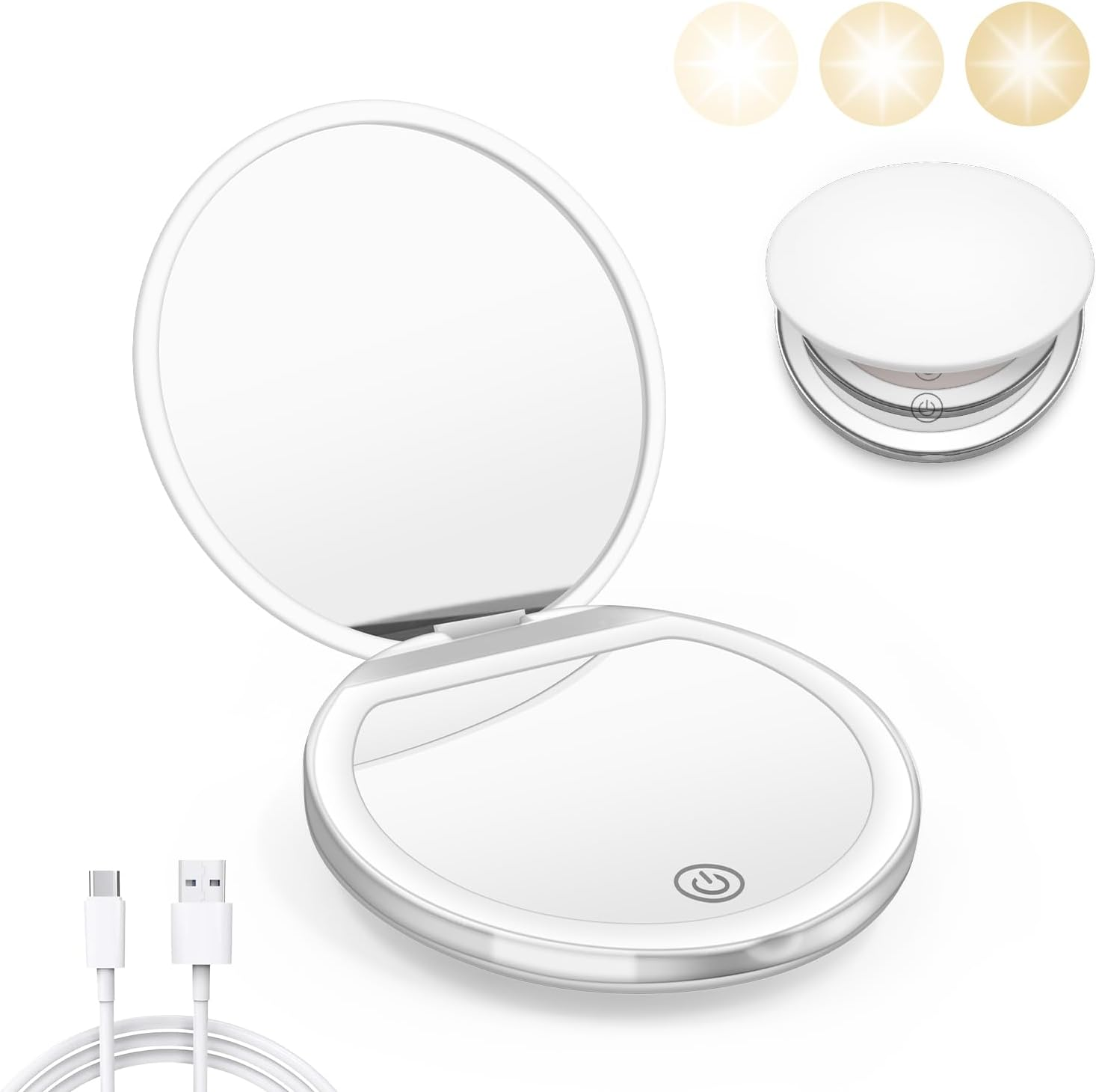 Compact Mirror with Light, 1X/3X Magnification LED Pocket Mirror with USB Data Cable, White Mini Mirror for Purse, Pocket,Travel and Present
