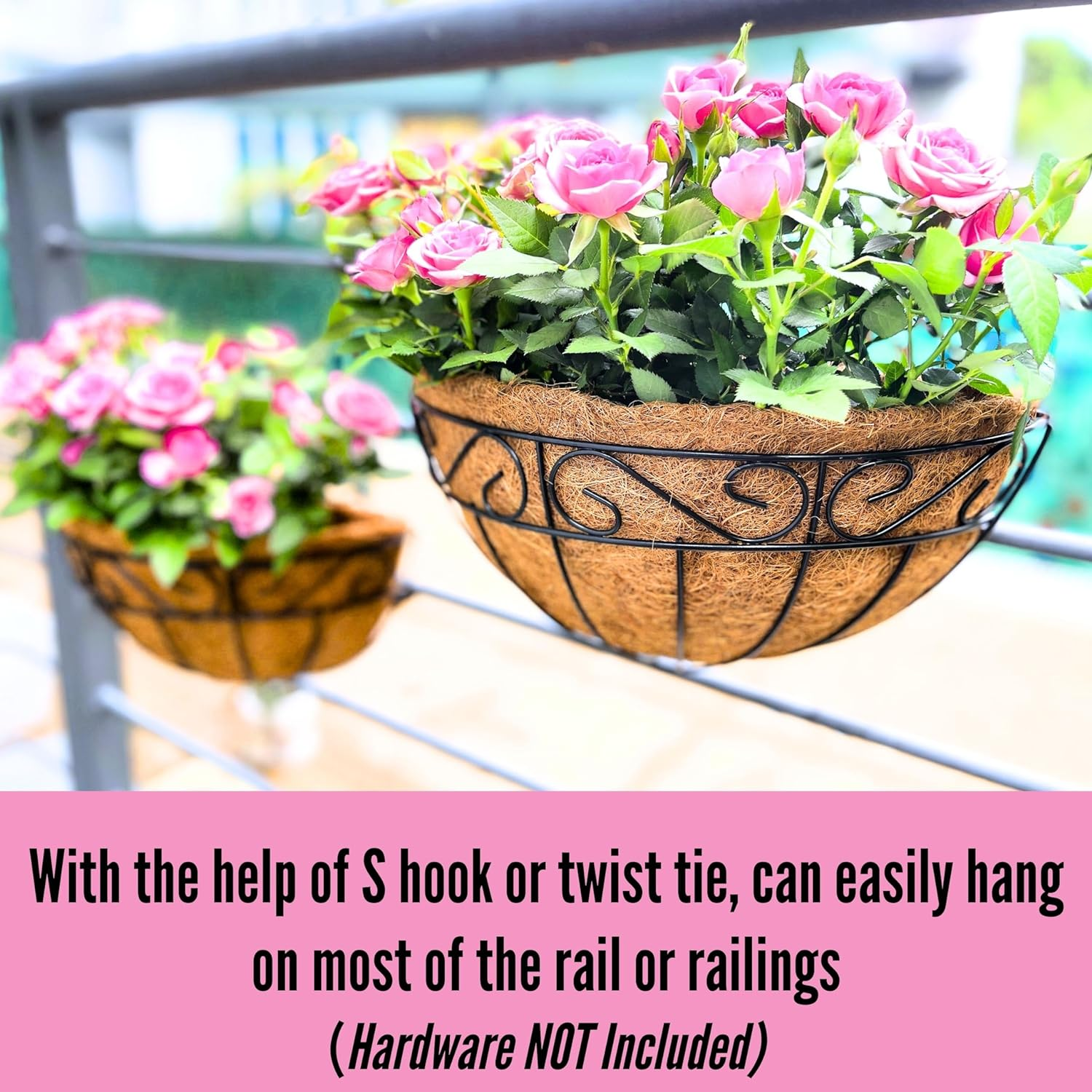 Lalagreen 16 Inch Wall Hanging Planters - 2 Pack, Large Wall Mounted Flower Basket with Coco Liner, Black Metal Horse Trough Window Herb Pot Holder Outdoor Plants Fence Rail Railing Deck Porch Balcony image number 5