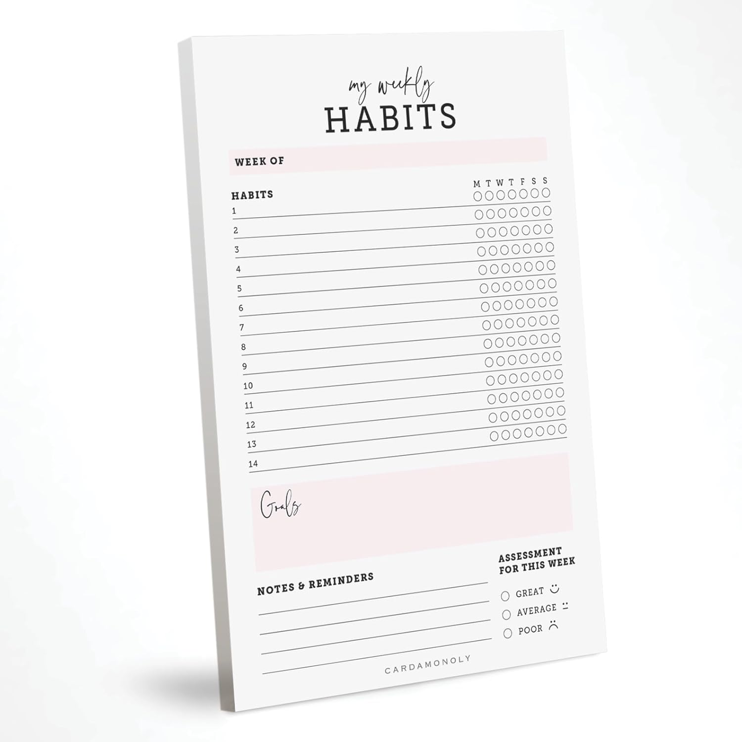 CARDAMONOLY Habit Tracker Notepad in Black and Light Pink- 50 Page Tear off Planning Pad - 6 X 9 - High Performance Planner - Chore Chart for Adults - Weekly Planner Undated - Self Care Planner