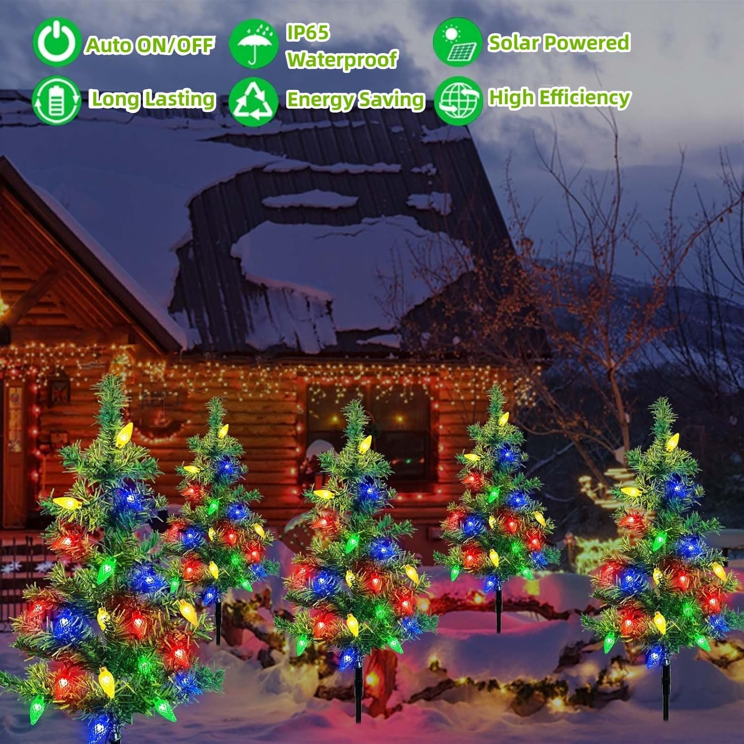 4-Packs Solar Christmas Tree Pathway Lights Outdoor Decorations Waterproof IP65, 8 Modes Garden Stake Lights for Yard and Outside image number 3