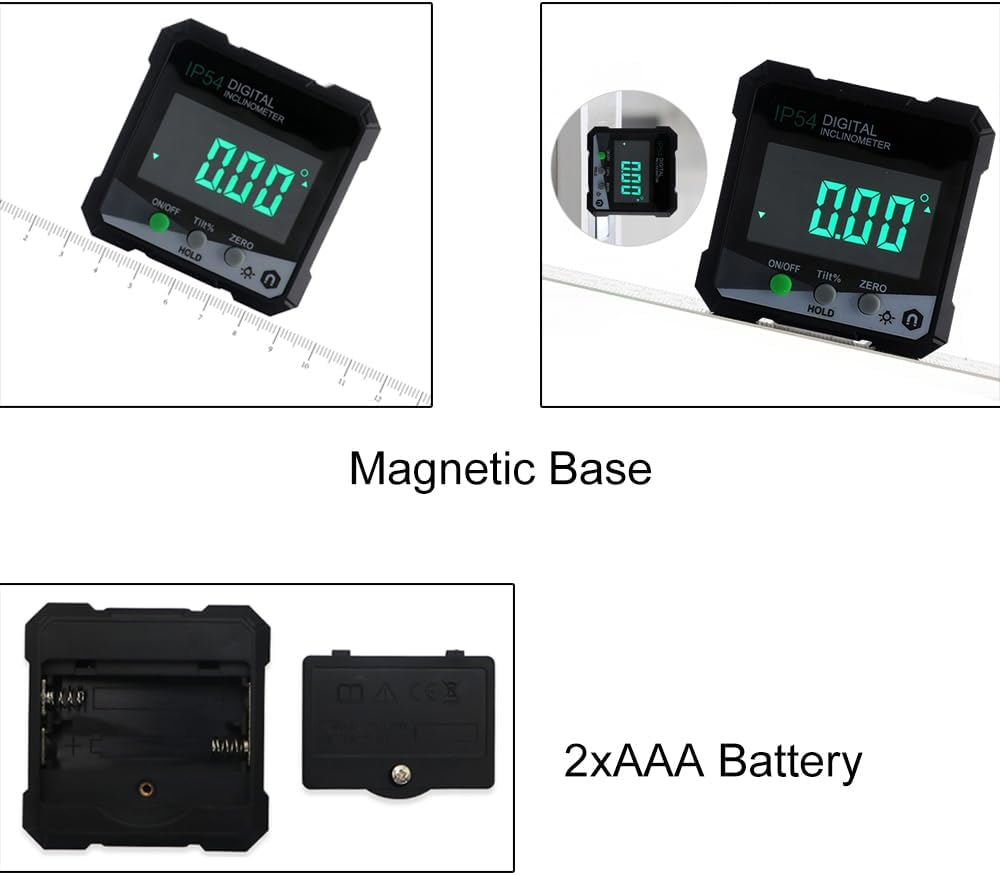 Lancoon Digital Inclinometer, Angle Finder with Bevel Gauge LCD Display Backlight Magnetic Base High Accuracy Waterproof Battery Powered Measuring Tool Plastic for Woodworking Black