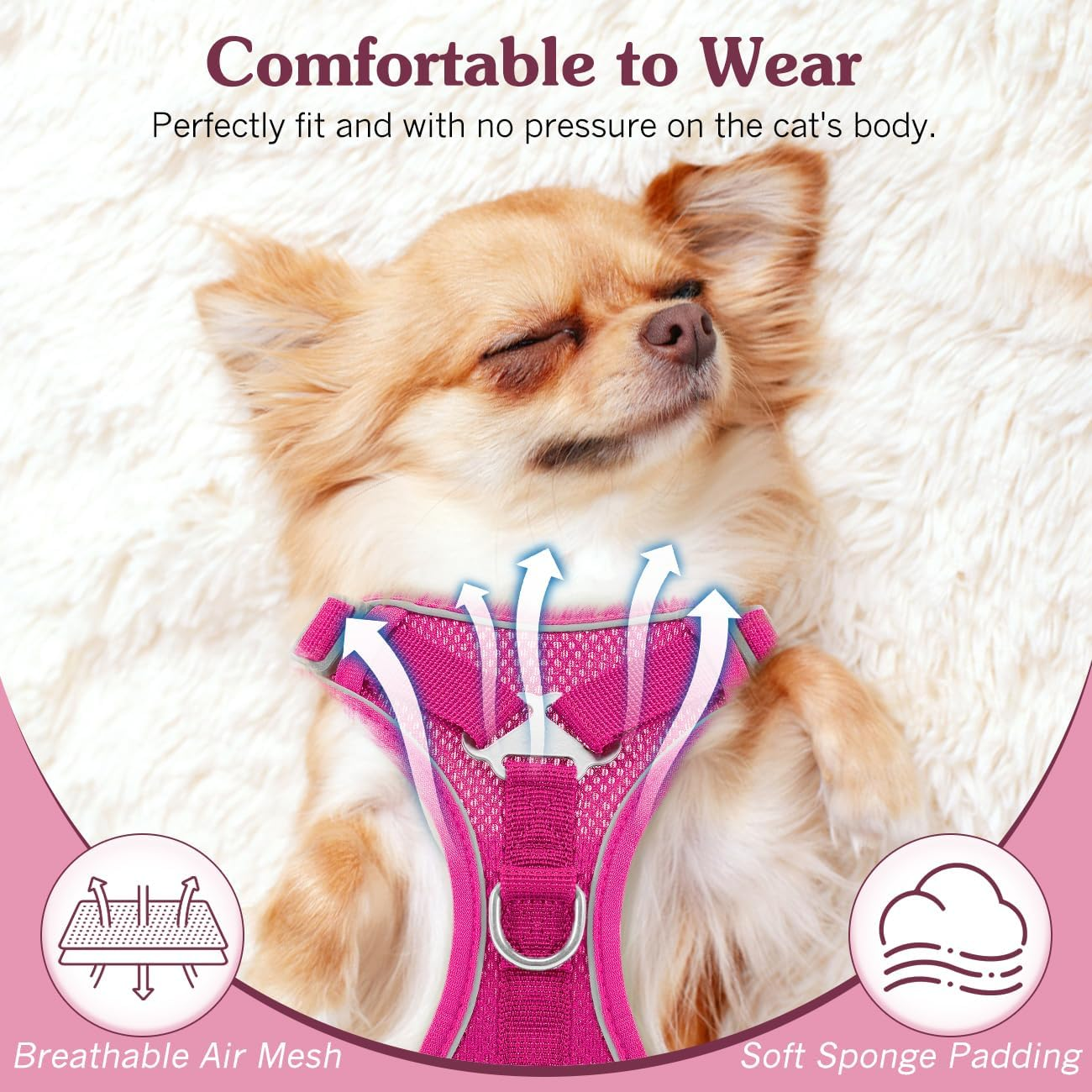 Vavopaw Cat Harness and Lead Set for Walks, Escape Proof Kitten Vest Harness with Reflective Strip, Adjustable Pet Safety Vest for Cats, Puppies, L, Magenta image number 3