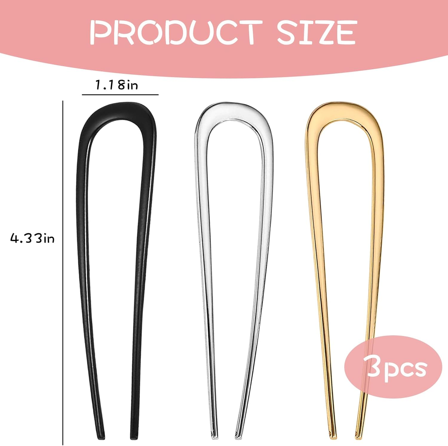 YONOY 3Pcs Metal French Hair Pins,U-Shaped Long Chignon 2 Prong Sticks for Buns, French Twist Hair Pin, Hair Sticks, Hair Fork(Black, Gold, Silver) image number 4
