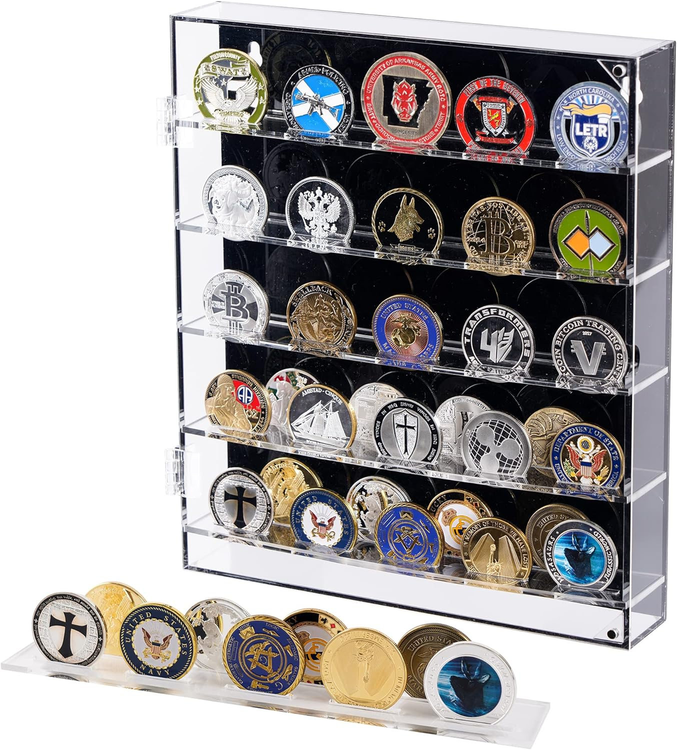 Military Challenge Coin Display Case Lockable Cabinet Rack Holder Shadow Box with Removable 2 Grooves Shelves and anti Fade Acrylic Glass Door for Casino Poker Chips Collectibles Black image number 2