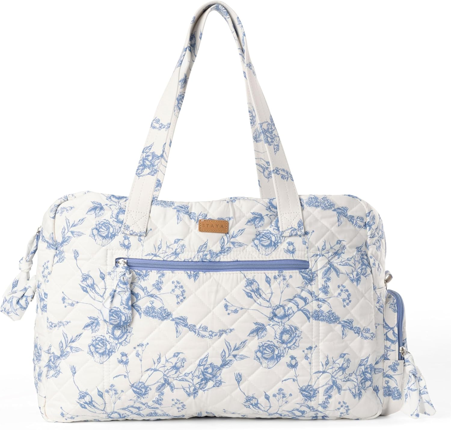 Staya Quilted Duffle Bag - Perfect Travel Companion, Quilted Weekender Bag for Women,, Blue Floral, Medium, Overnight Bag