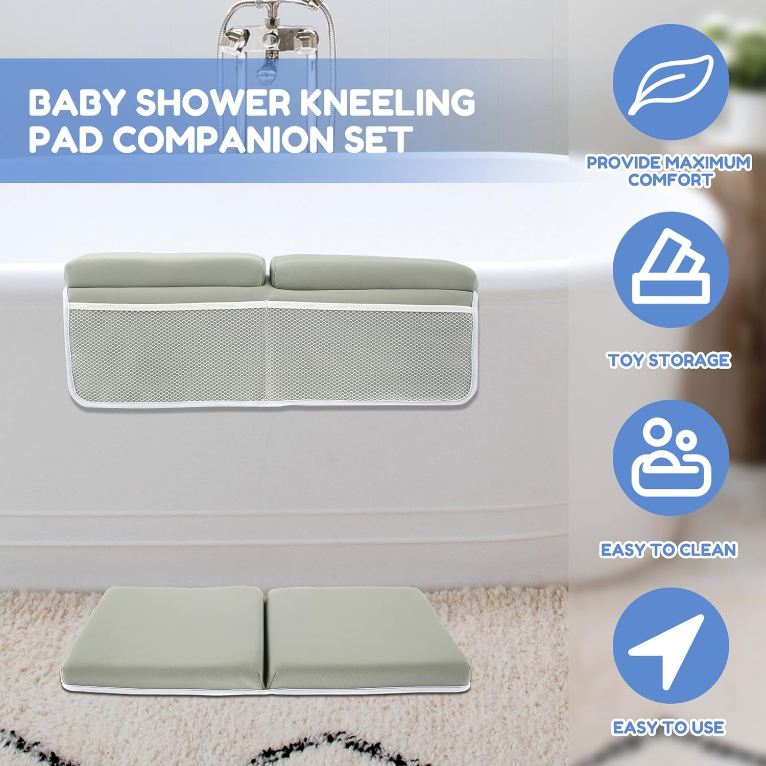 Bath Kneeler and Elbow Rest Pad Set, Comfortable Foam Thickest Bathtub Kneeler Pad with 4 Organizer Pockets, Anti-Slip Bath Tub Elbow Pad, Washable Baby Bath Cushion Bath Kneeling Pad for Bathroom image number 5