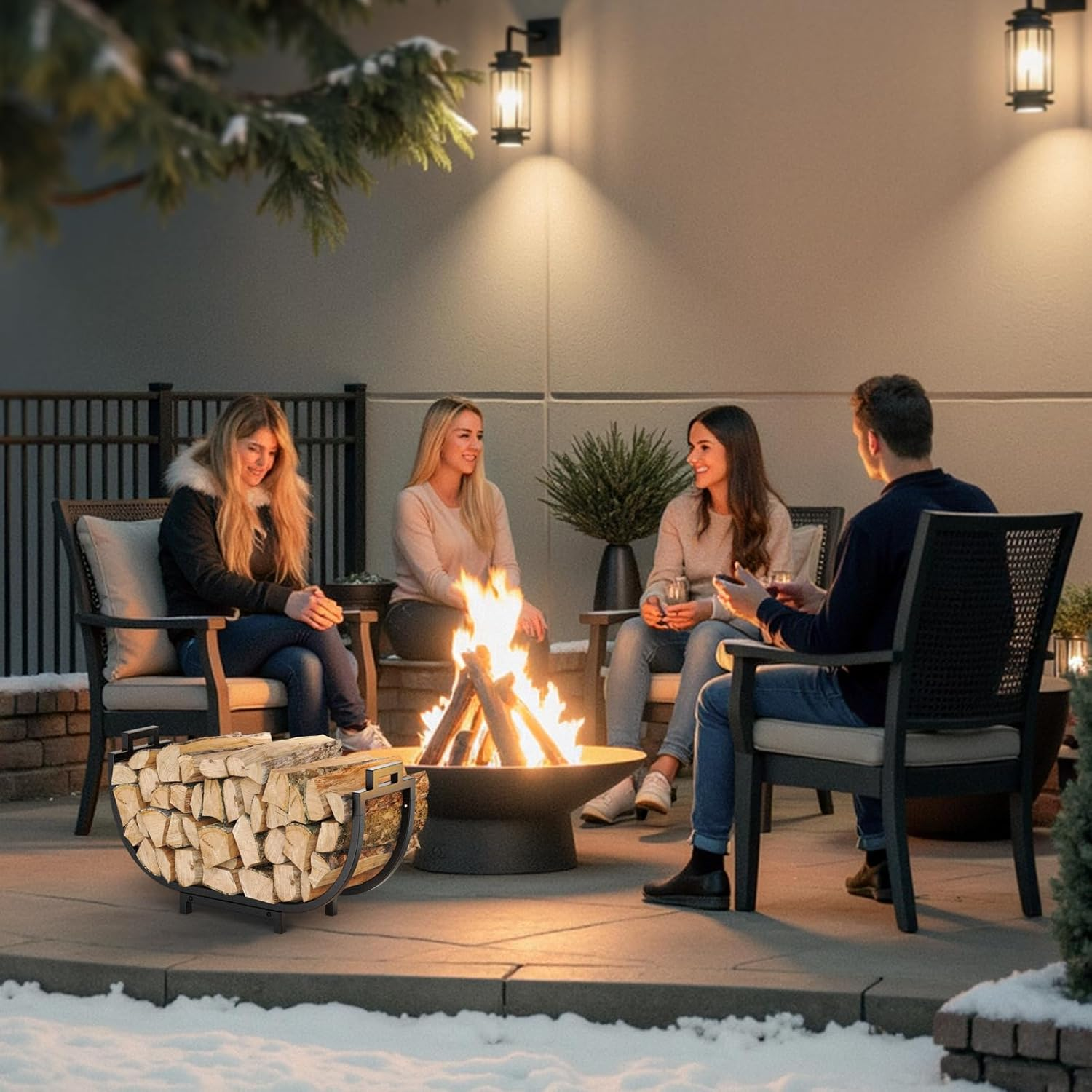 Elbourn Firewood Rack, 24 Inch Indoor Fireplace Log Holder with Carrier, Thickened Metal Rustproof Wood Storage Rack image number 1