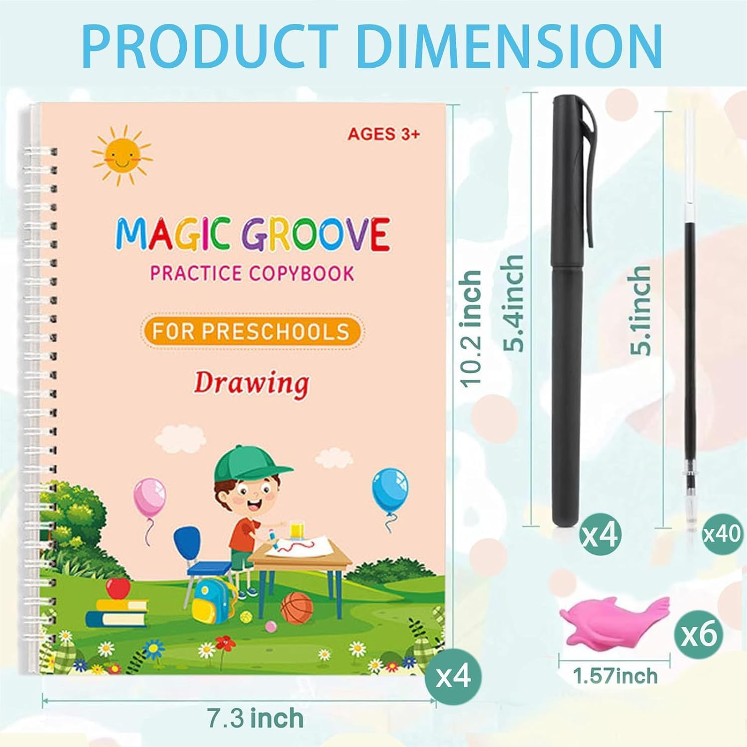 4 Pack Large Grooved Writing Book Set, Betterjonny Reusable Handwriting Book Practice, Tracing Alphabet, Numbers, Math and Drawing for Age 3-6 (4 Books & 4 Pens & 6 Aid Pen Grips & 40 Pen Refills) image number 1