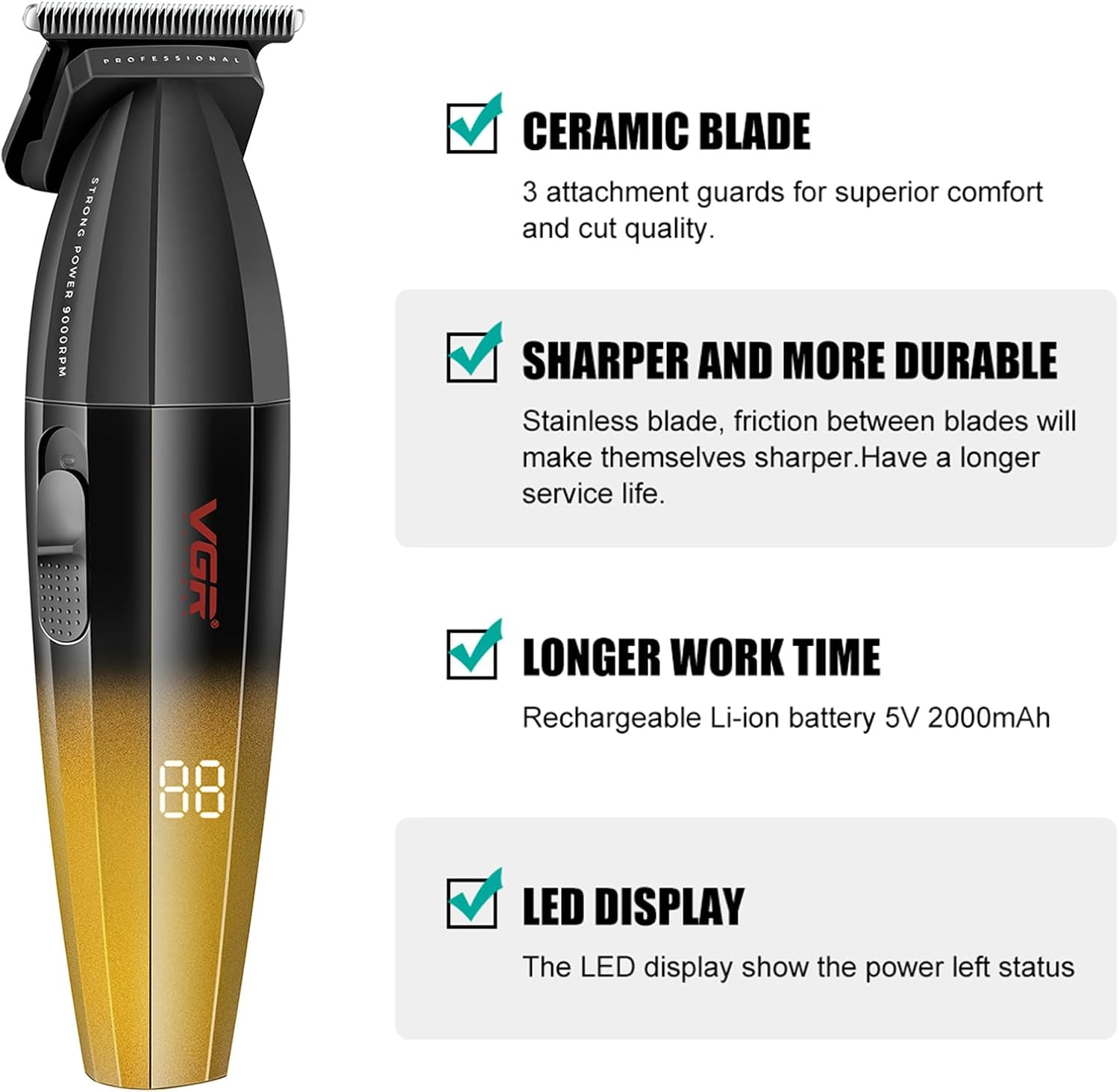 VGR 906 Fresh Fade Professional Hair Trimmer, 9000Rpm, Zero Gapped Beard Trimmer for Men, DLC T-Blade Wireless Hair Clipper/Trimmer for Barbers and USB Rechargeable, Gold image number 4