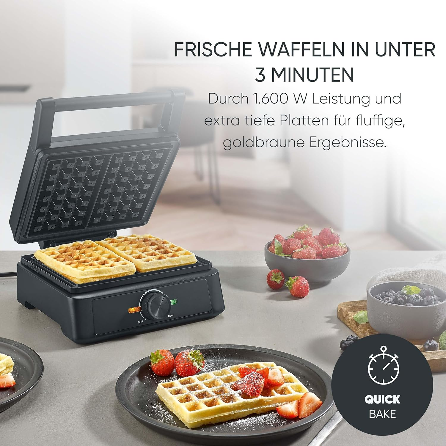 SEVERIN - Belgian Waffle Iron with Ceramic Coating, Waffles, Variable Thermostat, 1600 W, Dimensions 20.3 X 25.5 X 10.5 Cm, Matt Black WA 2130 image number 2