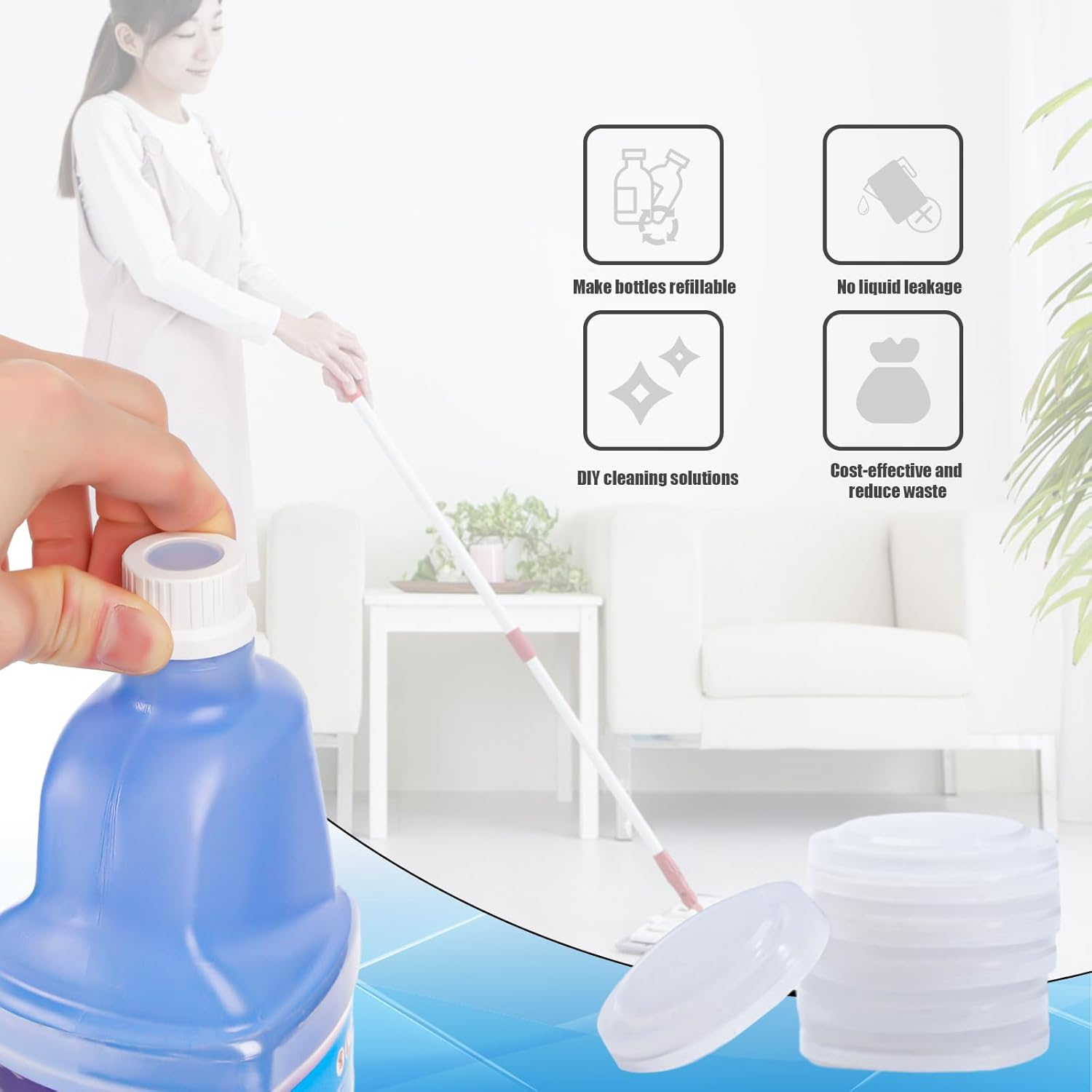 12Pcs Refillable Bottle Cap Silicone Gasket for Swiffer Wet Jet Mop Cleaning Solution, DIY Reusable Bottle Refill Container Leakproof Household Cleaning Supplies image number 5