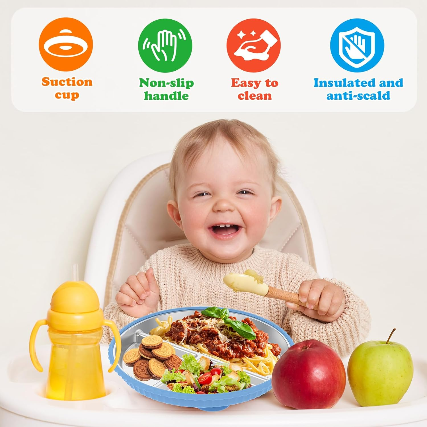 2 Pack Stainless Steel Kids Plates with Suction, 9&rdquo; Divided Toddler Plate with Nonslip Silicone Sleeve, Toddler Utensils Baby Feeding Set, Metal Snack Food Portion Platesfor Baby Led Weaning Supplies image number 5