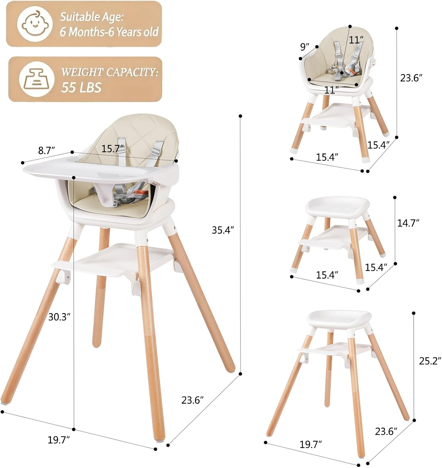 6 in 1 Baby High Chair, Convertible Wooden High Chairs/Booster Seat for Babies and Toddlers, Baby Feeding Chair with 5-Point Harness/Double Removable Tray & Adjustable Footrest (Beige) image number 4