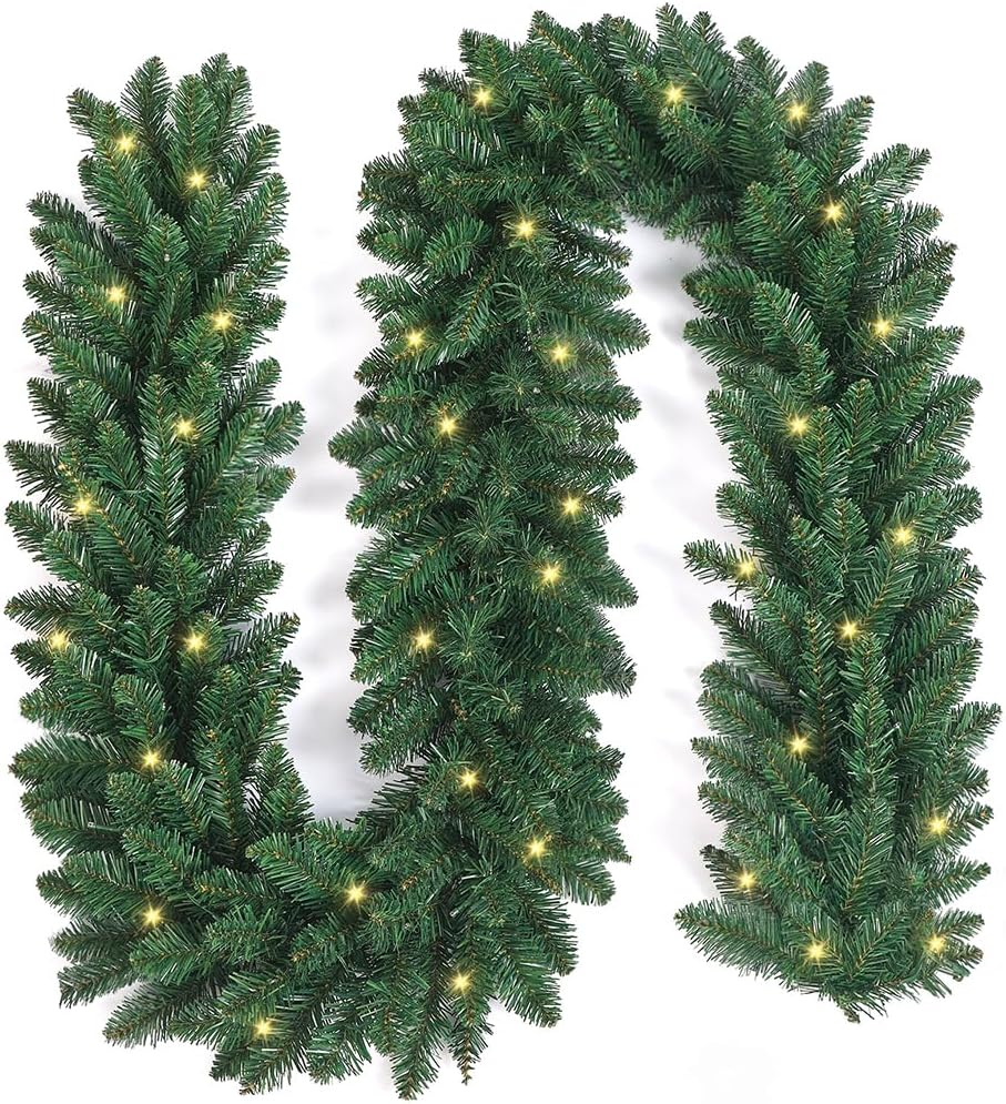 9Ft Christmas Garland with LED Lights Battery Operated, Prelit Xmas Garland for Mantle, Fireplace, Stairs Railing, Artificial Christmas Garland Indoor and Outdoor Decorations image number 1