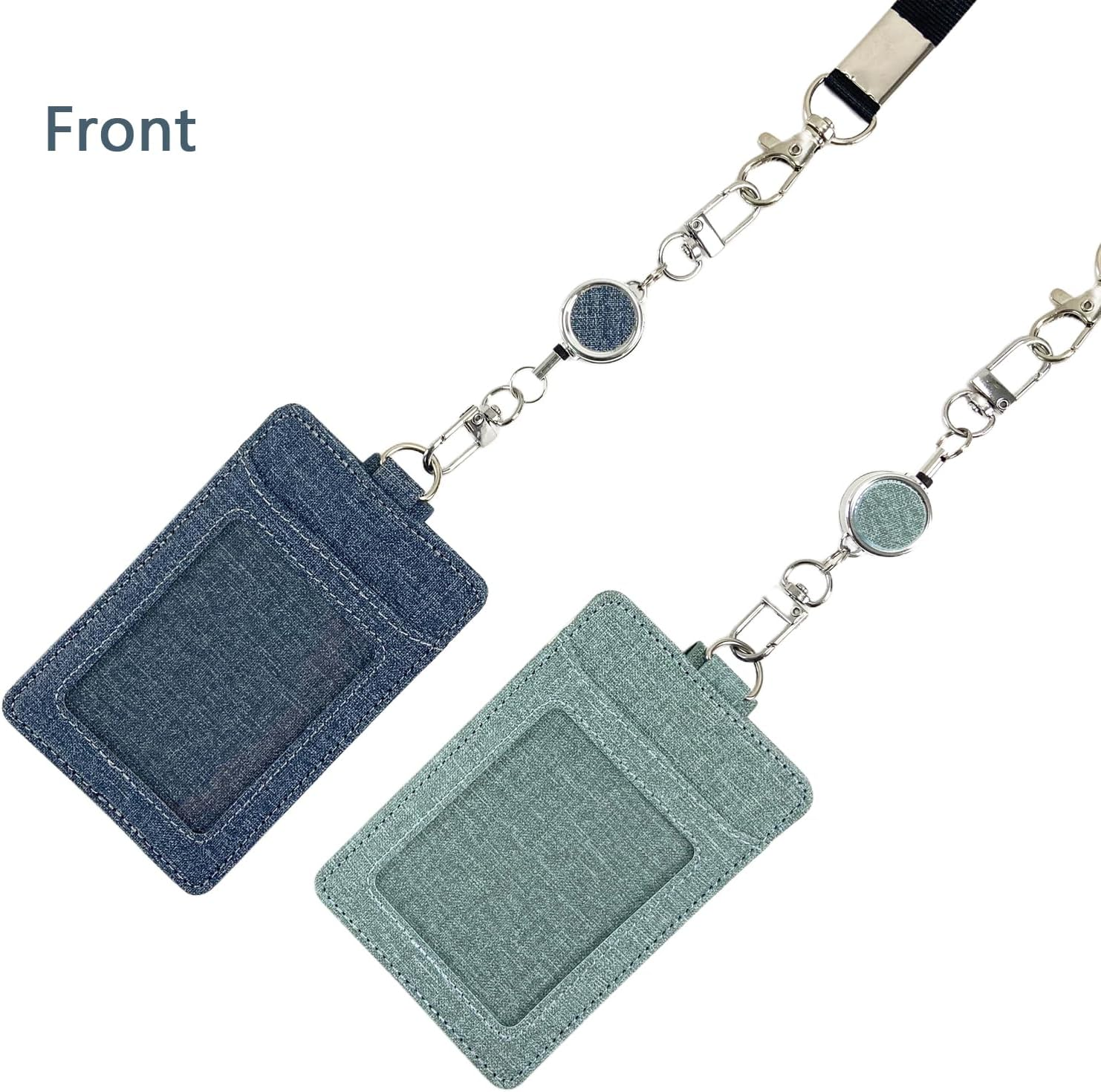 Badge Holder with Lanyard Set - Heavy Duty Carabiner Clip Retractable Reel Keychain with ID Card Badge Holder (Light Green+Deep Blue) - Light Green+Deep Blue image number 4