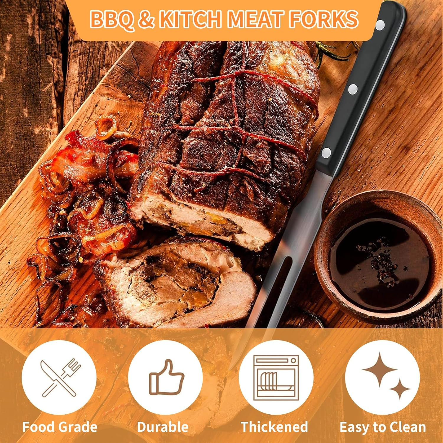 2 Pieces Carving Forks with Wood Handle Rust Resistant Stainless Steel Barbecue Forks Meat Forks Serving Forks Cooking Forks Kitchen Forks BBQ Forks Outdoor Barbecue Tools for Kitchen Roast Grilling image number 4