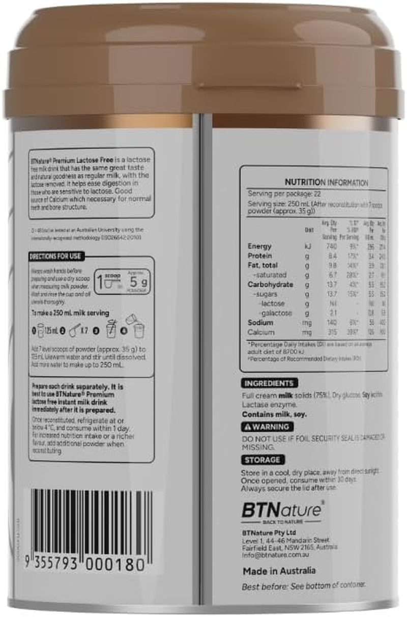 Btnature Premium Lactose Free Instant Full Cream Low GI^ Milk Powder 800G