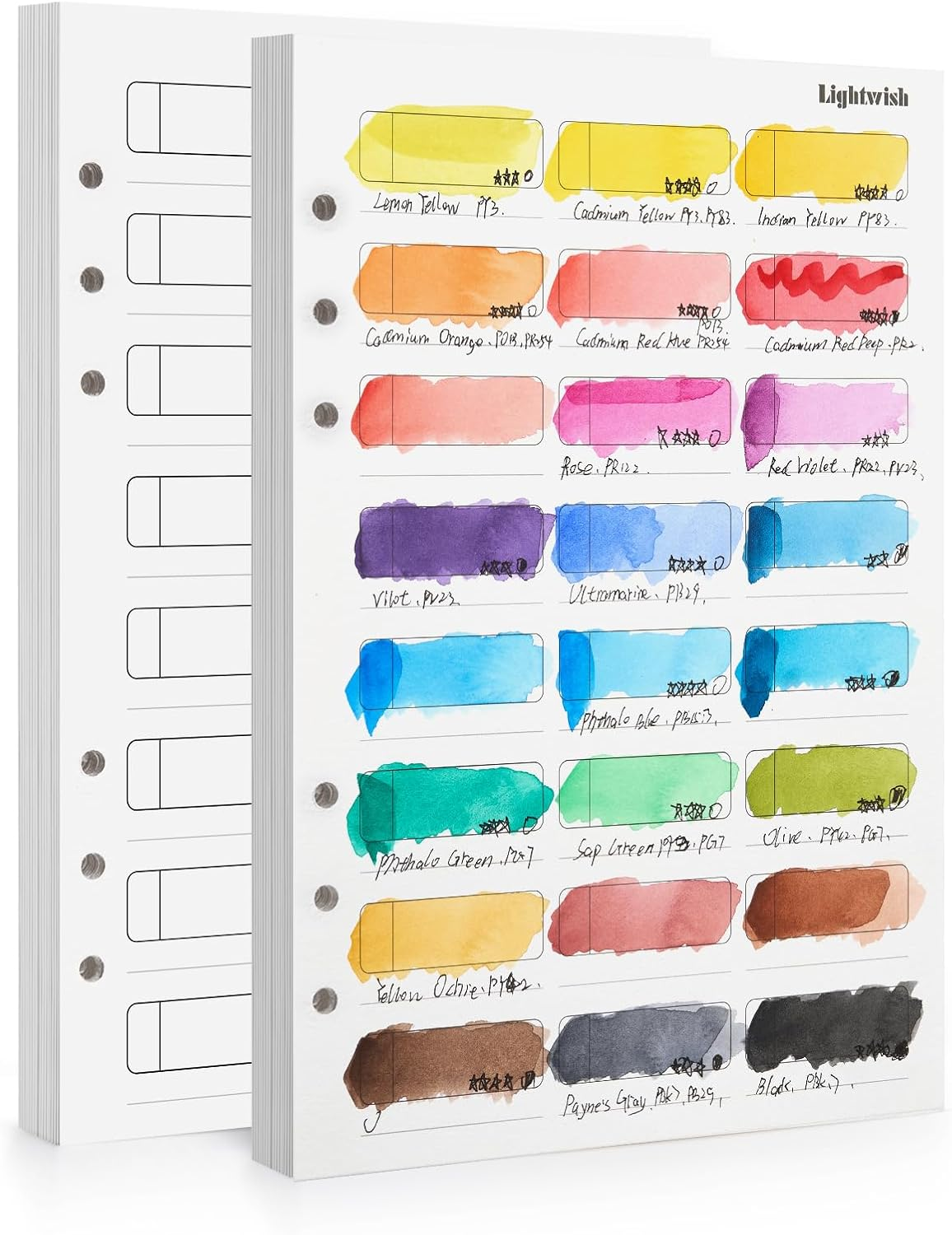 LIGHTWISH Watercolor Swatch Paper Bulk - 100% Cotton Hot Press 300Gsm/140Lb, 2 Pack, Total 40 Sheets 24 Spaces A5 Hole-Punched Replaceable Paper for Watercolor, Gouache, Oil Pastels,5.5 * 8.2 Inches image number 3
