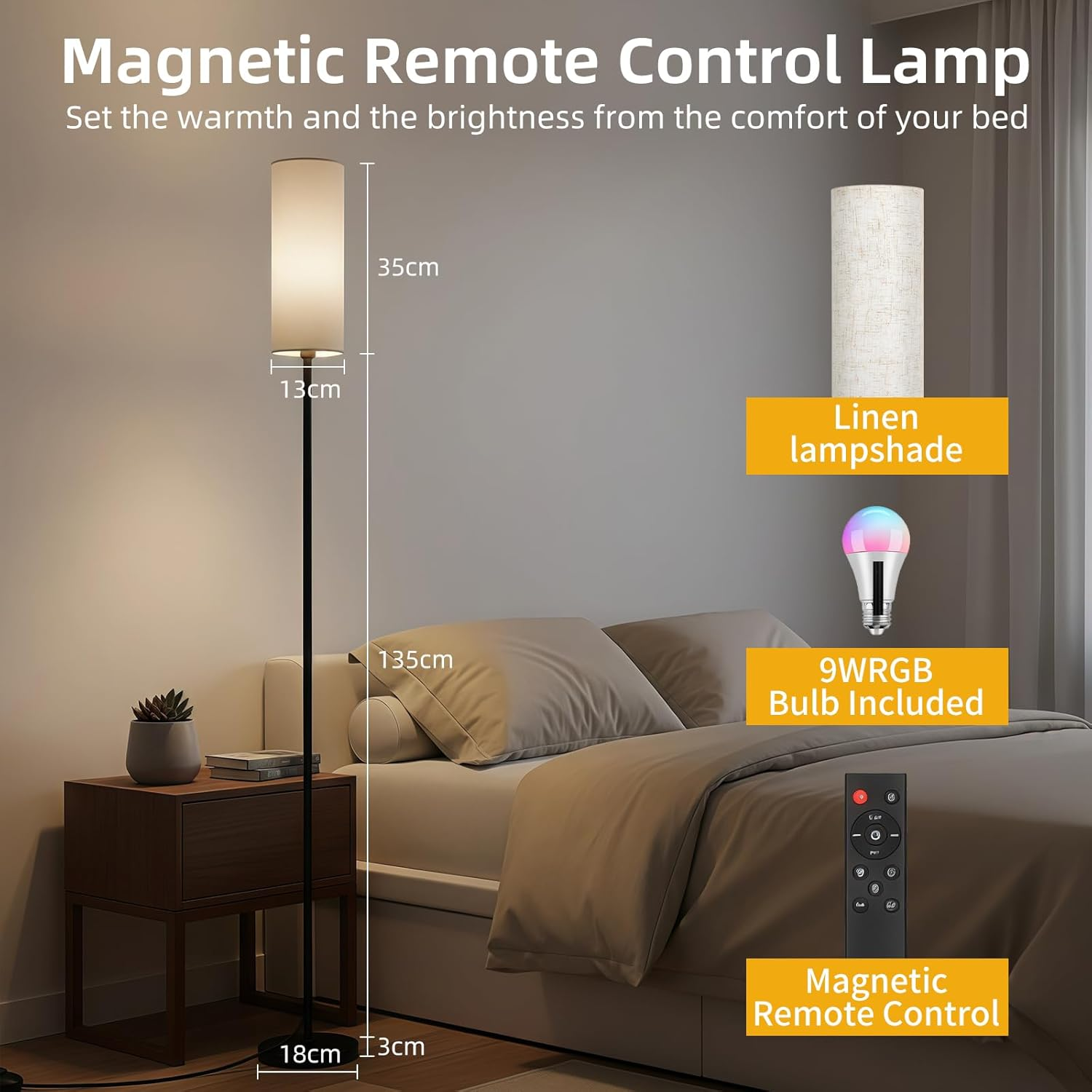 RGB Floor Lamp for Living Room, Modern Floor Lamp with Remote - 3 Color Temperature LED, Foot Switch, 9W RGB LED Bulb for Bedroom Office Kid Room, Warmth & Colourfulness