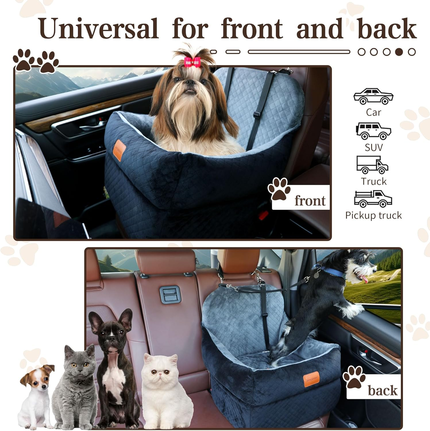 Dog Booster Car Seat for Small/Medium Dogs up to 35 Lbs,Interior 7 Inches Elevated Pet Booster Seat,Ultra Soft Fabric and Memory Foam Car Dog Bed,Safety,Comfy,Fully Detachable Washable(H-Black/Grey) image number 2