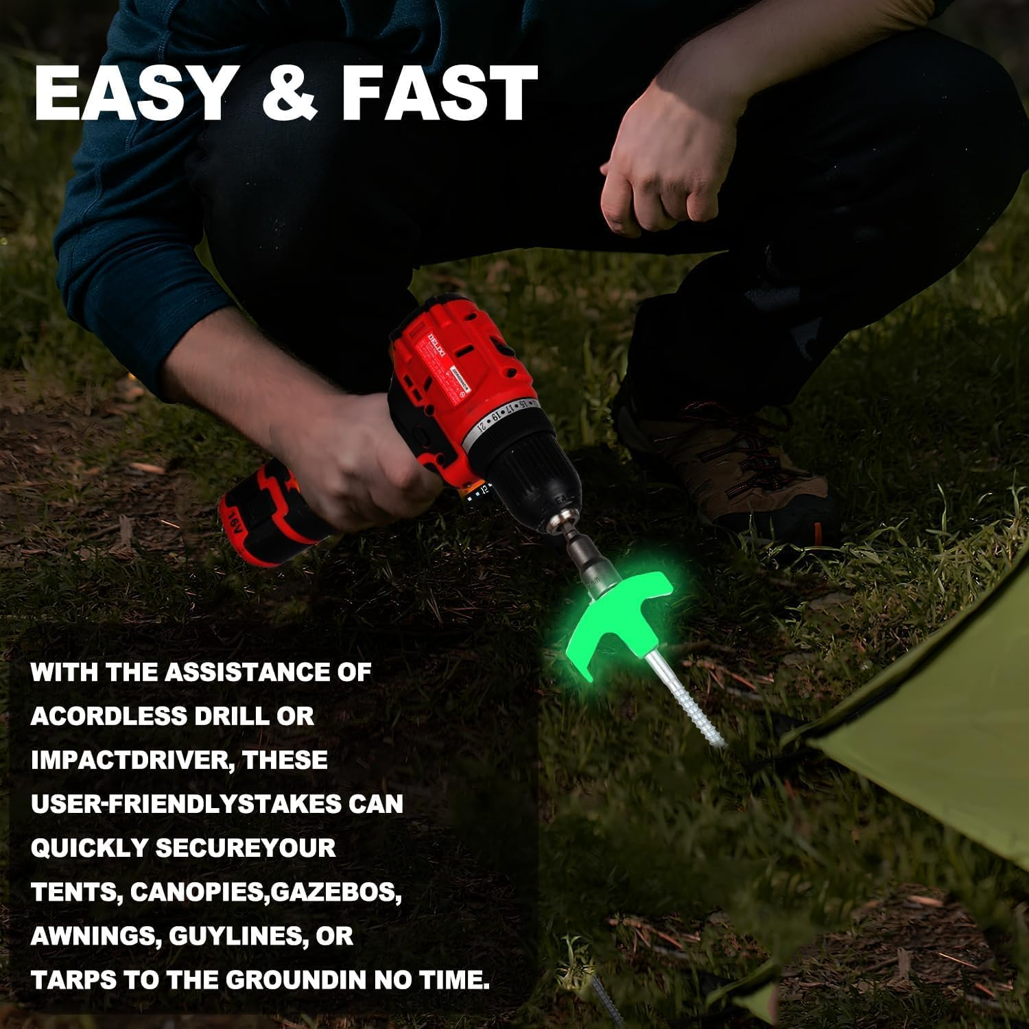 8Pack Tent Stakes-8&rdquo; Drill in Heavy Duty Ground Pegs Screw in Camping Stakes with Hex Head Driver Spikes Puller Protector Ratchet in a Carrying Bag for Camping Hiking, Hammocks Accessories (White) - White image number 4