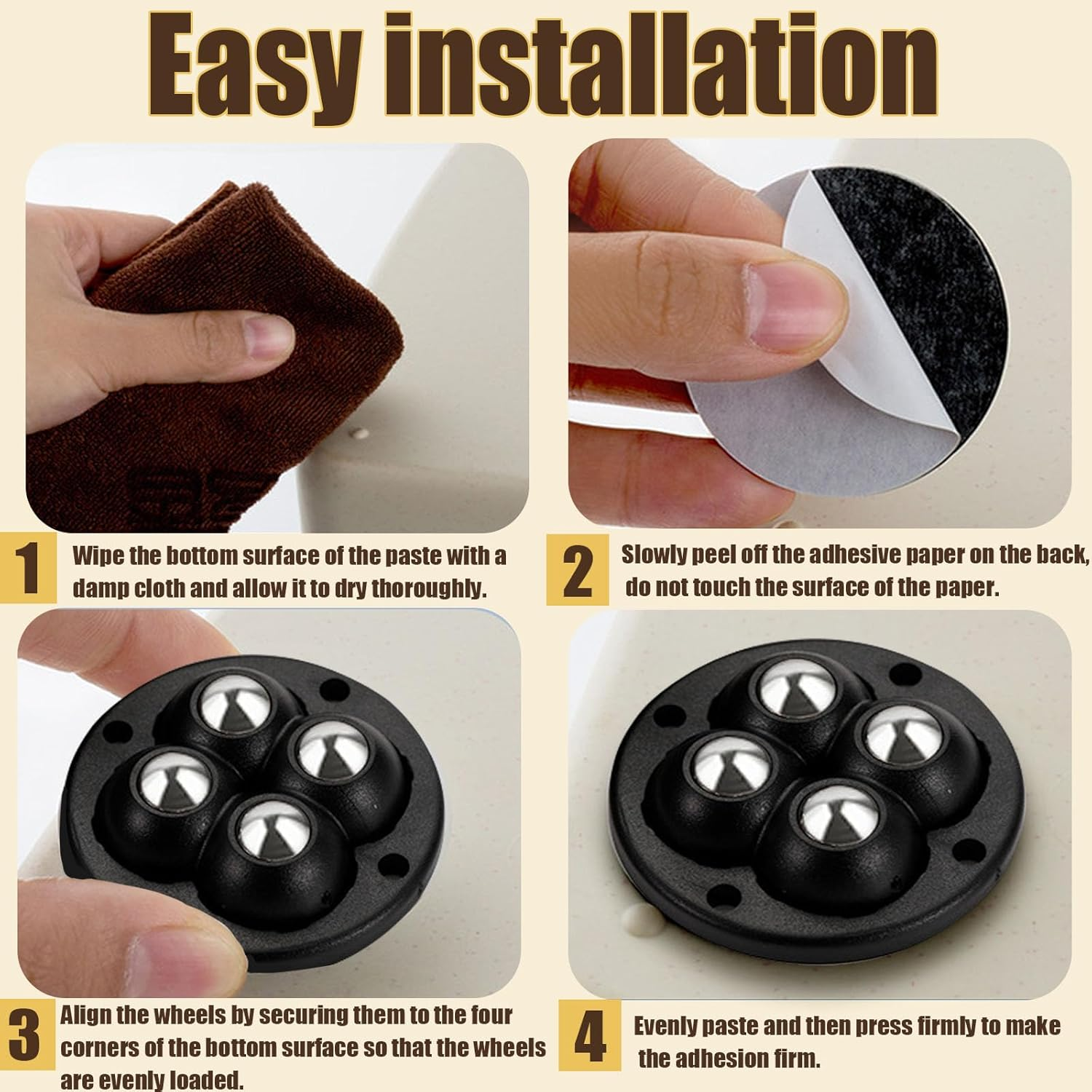 3 Set Self Adhesive Mini Caster Wheels 360 Degree Rotation Sticky Pulley Stainless Steel Universal Wheel with Bearing Roller Casters for Furniture Storage Box Trash Can Bins Bottom Moving (Black)