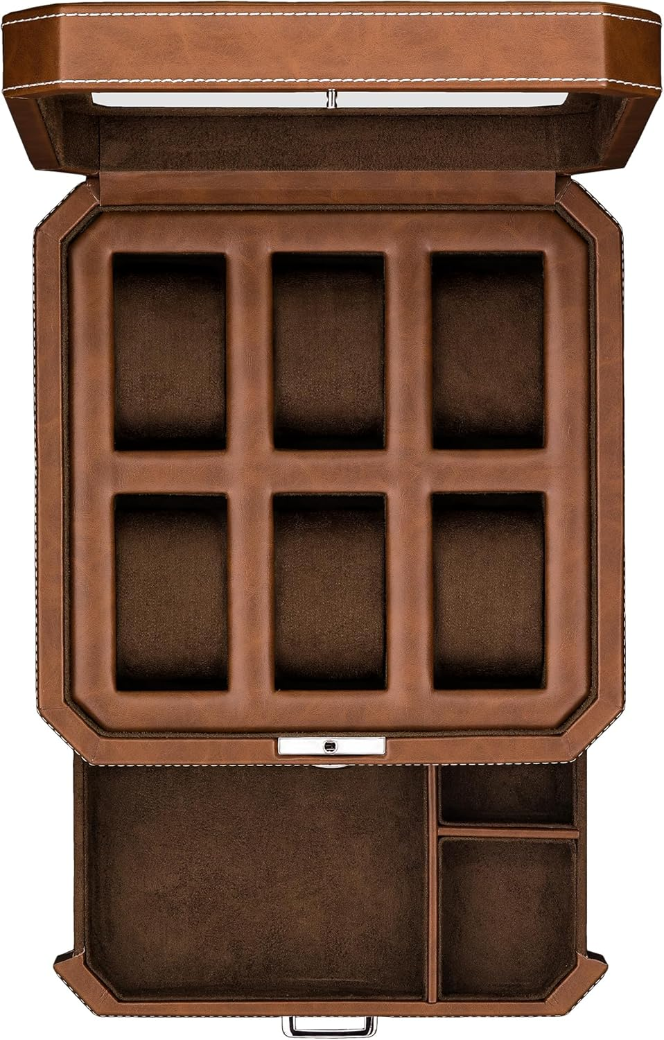 6 Slot Leather Watch Box with Valet Drawer - Luxury Watch Case Display Organizer, Microsuede Liner, Locking Jewelry Box, Mens Storage Boxes Holder Large Glass Top (Tan/Brown Gift Set)