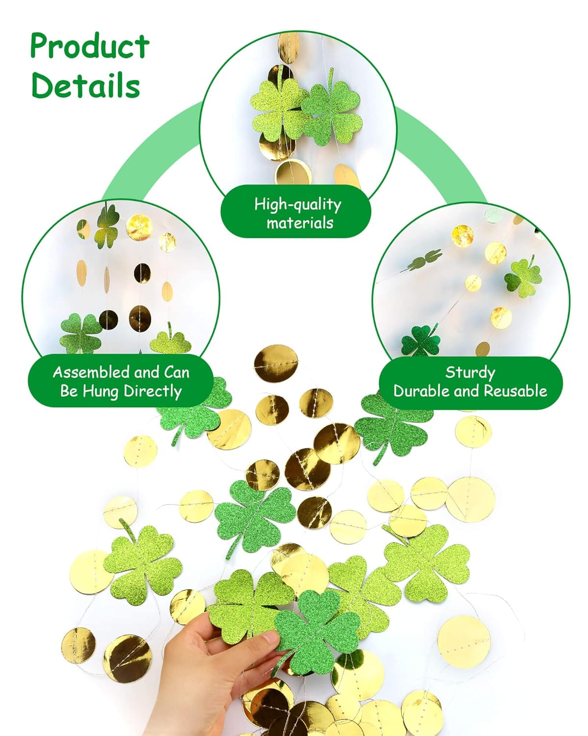 SONGTIY Glitter Green Clover Garland with Gold Circle Dots, Irish St. Patrick'S Day Shamrock Banner, Streamer Backdrop Hanging Decorations, for Spring Baby Shower Birthday Party Decor, image number 2