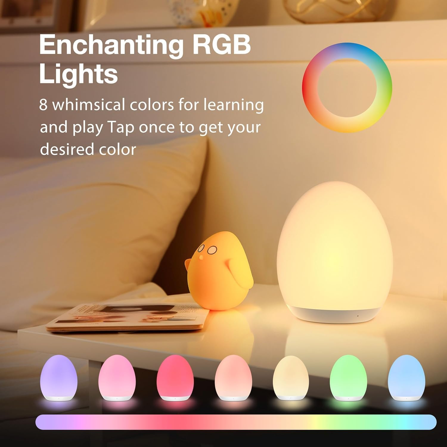 Night Light for Kids, Baby Night Light with 8 Colors Changing & Dimming Function, Rechargeable Night Light with 1 Hour Timer & Touch Control, up to 100H image number 2