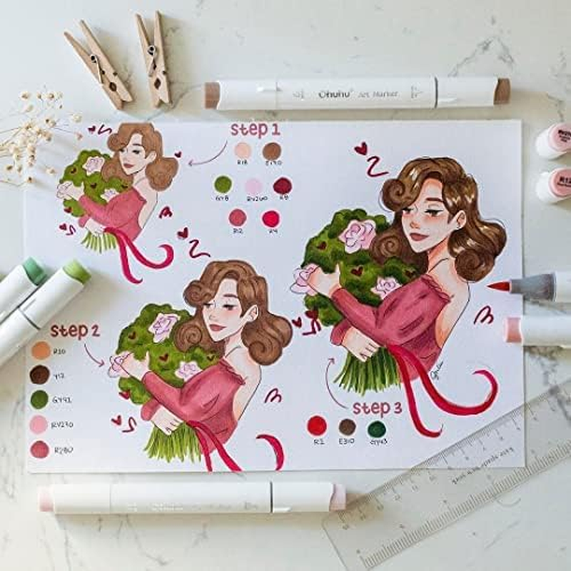 Ohuhu Alcohol Markers Brush Tip - 104-Color Art Marker Set for Artists - Honolulu B Series - Double Tipped Alcohol Based Art Markers for Adults Coloring Sketching Illustration - Dual Tip Brush & Fine image number 4