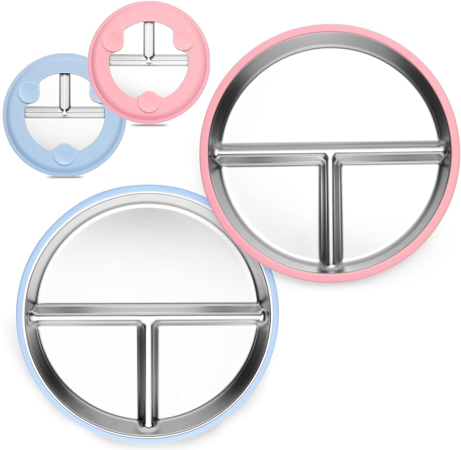 2-Pack Stainless Steel Baby Plates with Suction, 9"/ 23 Cm Divided Bpa-Free Kids Plates, Non-Slip Toddler Plates, (Blue+Pink)