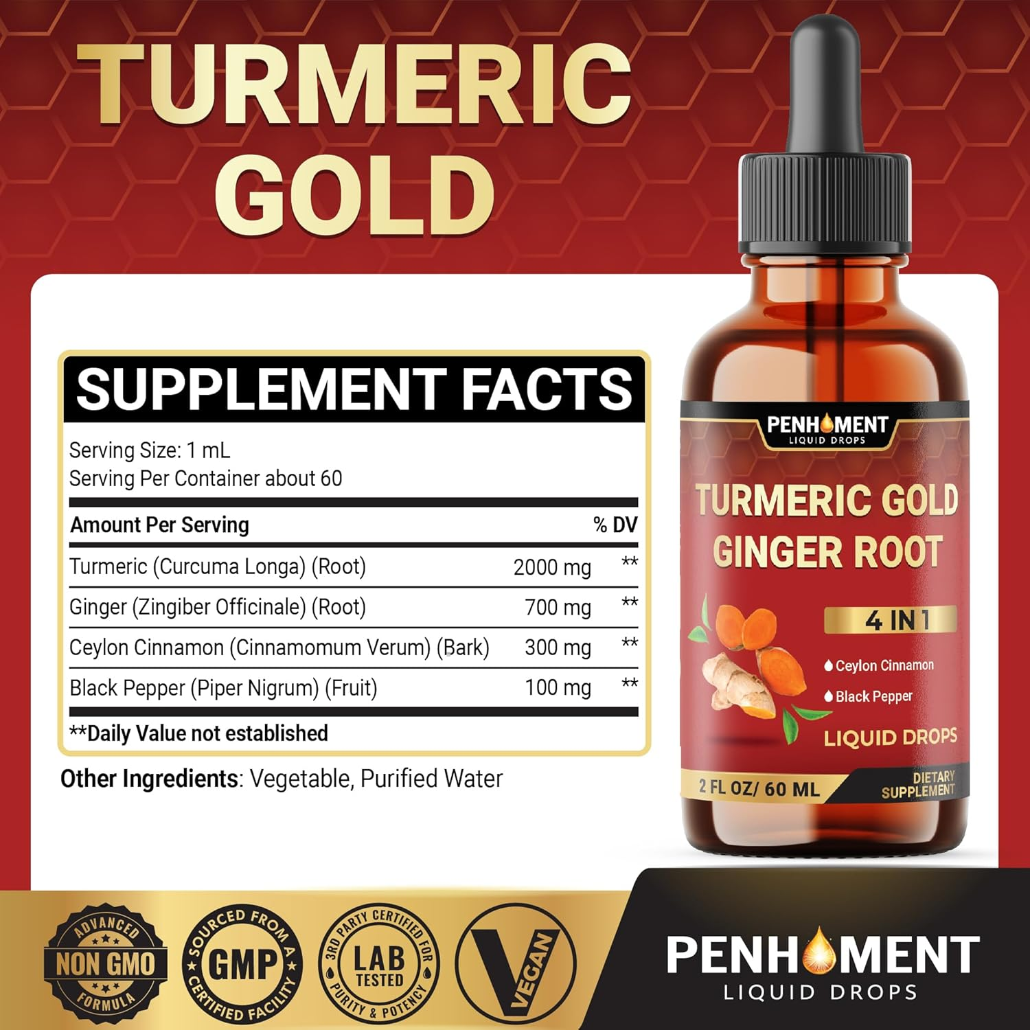 PENHOMENT 4 in 1 Liquid Turmeric Curcumin Drops Ginger Ceylon Cinnamon and Black Pepper - 2FL Oz - 60 Servings