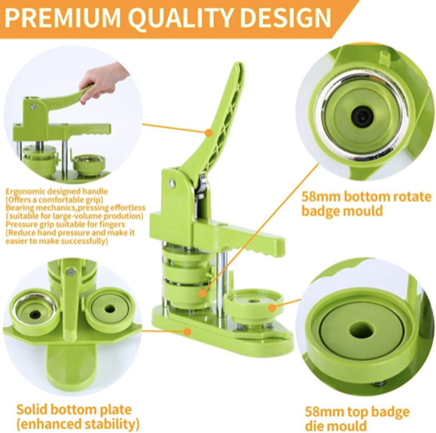 Button Maker Machine 58Mm -Installation-Free DIY Photos Pin Badge Button Maker Press Machine Badge Punch Press with Free Button Parts&Pictures&Circle Cutter (Green-58Mm) image number 2