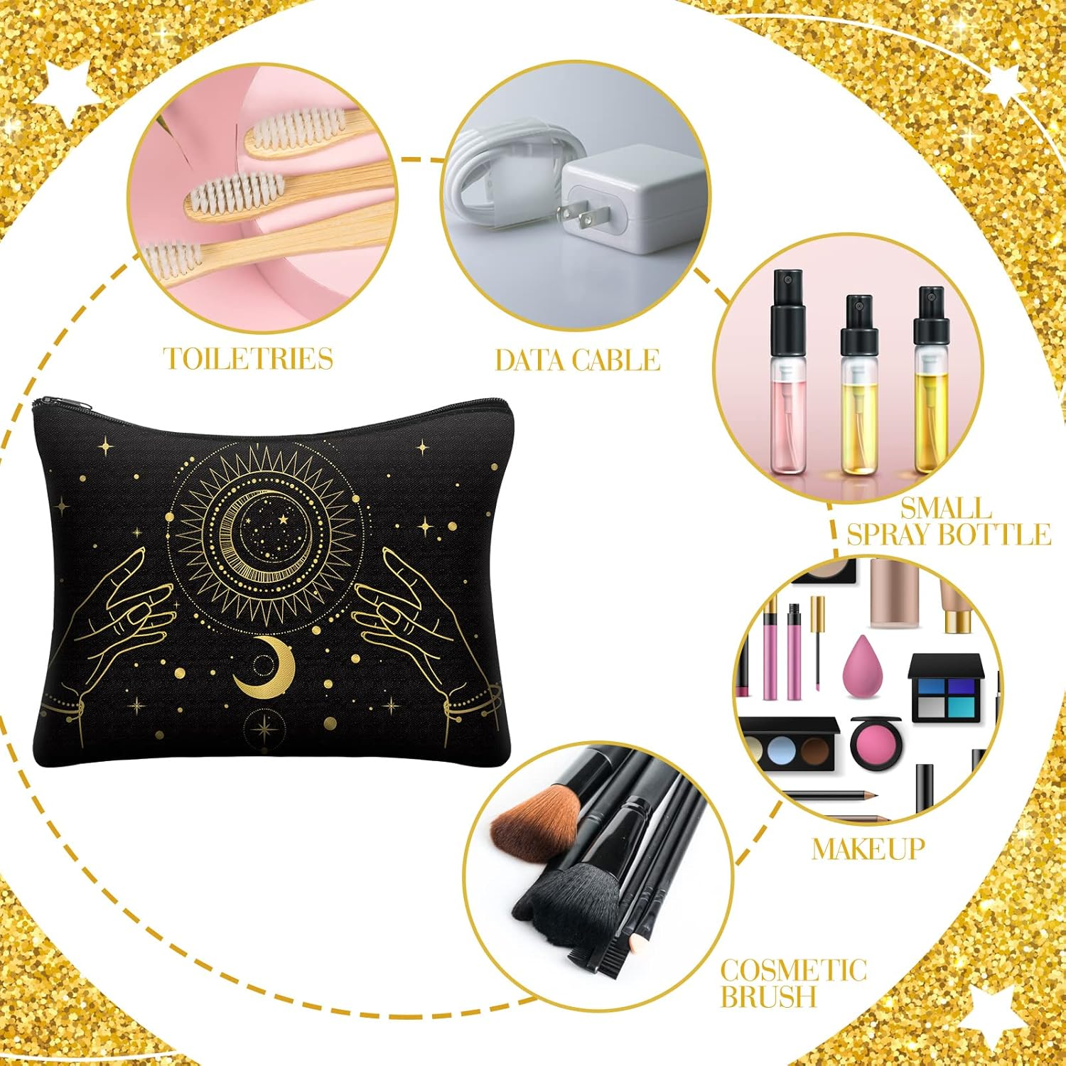 Amylove 12 Pieces Moon Zipper Pouch Bag Witch Tarot Cards Phase Bag Crystals Cosmetic Witchy Purse Toiletry Aesthetic Gothic Makeup Pouch for Women Girls, White and Black image number 2