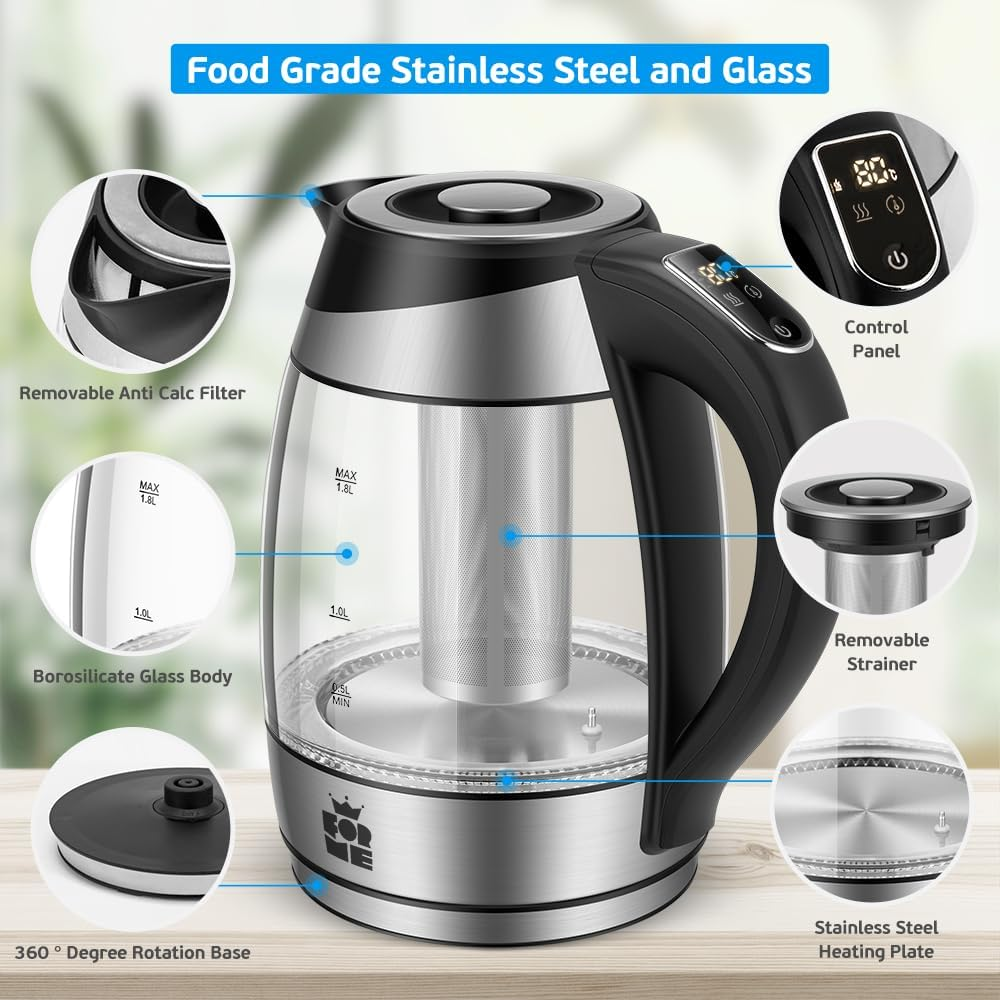 Forme Glass Kettle with Temperature Setting 40-100 &deg;C 1.8 L I 2200 Watt I 7 Colour Change LED I Digital Temperature Display I Keep Warm Function I Boil Dry Protection BPA Free image number 1