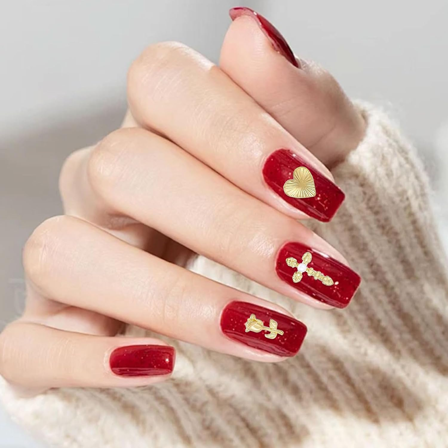 Gold Nail Charms 80 Pieces Cross Rose Heart Virgin Mary Nail Accessories Alloy Nail Accessories for Manicure Design Decorations DIY Crafts image number 5