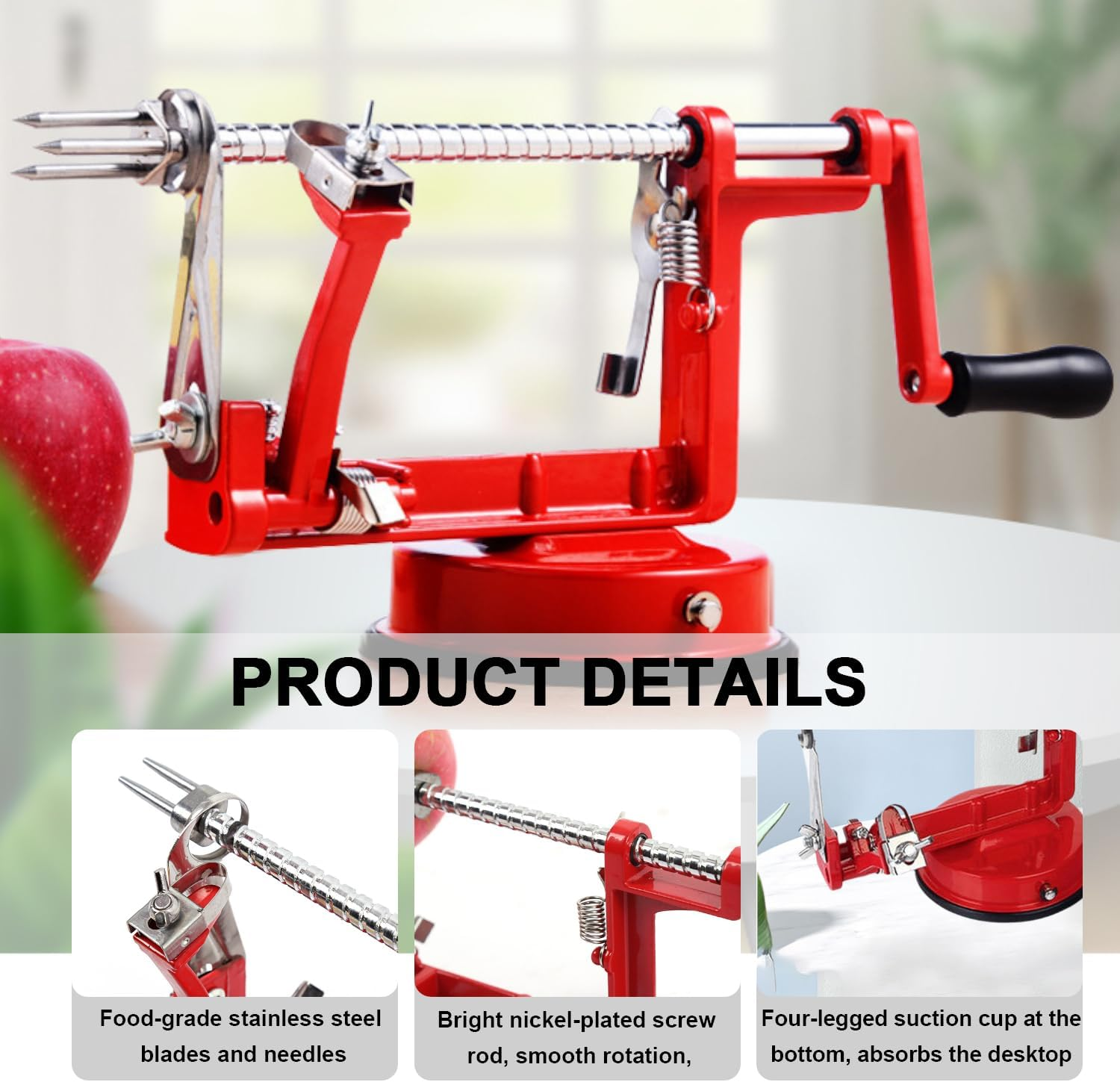 Apple Peeler, Apple Peeler Slicer Corer, Durable Hand-Operated Fruit Peeler with Stainless Steel Blades and Powerful Suction Base for Apples Pears Potatoes (Red) image number 1