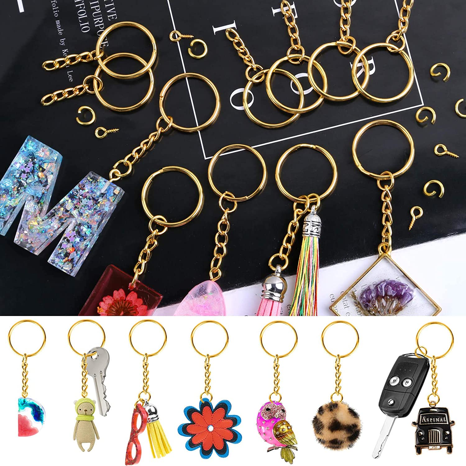 Keychain Rings Kit for Crafts Gold, PAXCOO Includes 100Pcs Split Key Ring with Chain, 100Pcs Jump Rings and 100Pcs Screw Eye Pins for Resin Keychain Making - Argent&eacute;e image number 3