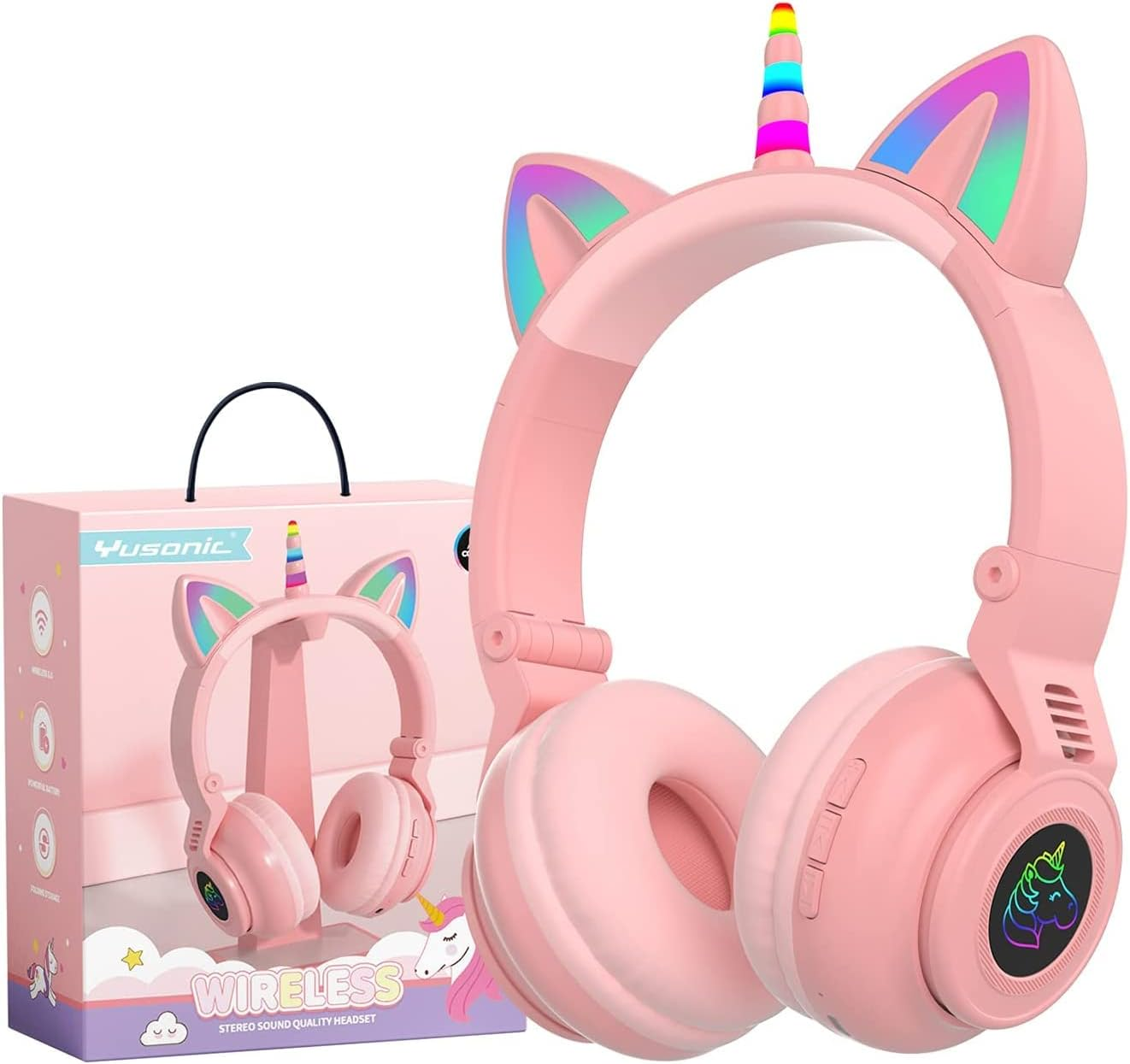 Hisonic Children'S Bluetooth Unicorn Headphones with Colourful Lights for Children from 3 Years (Purple)