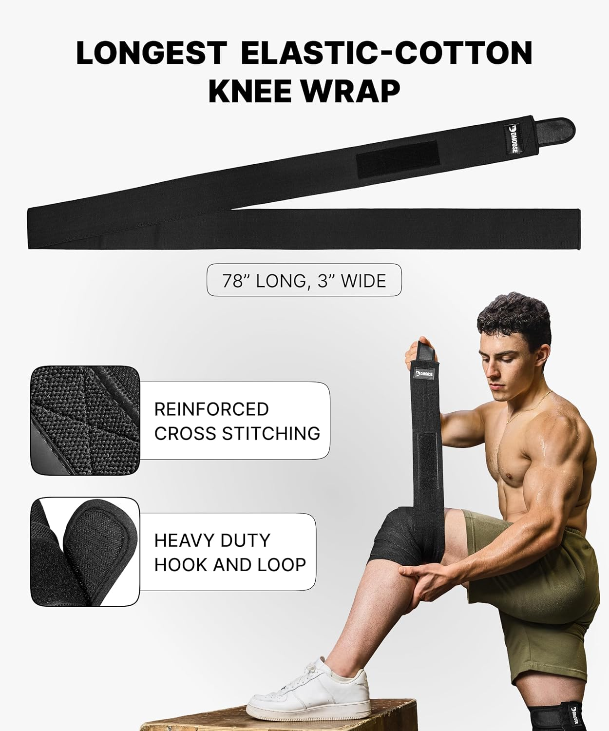 Dmoose Fitness Knee Wraps for Weightlifting, Powerlifting, Deadlifting, Bodybuilding, and Gym Workouts, 78 Inches Length (Pair), Reinforced Fastening Knee Wraps for Men and Women image number 4