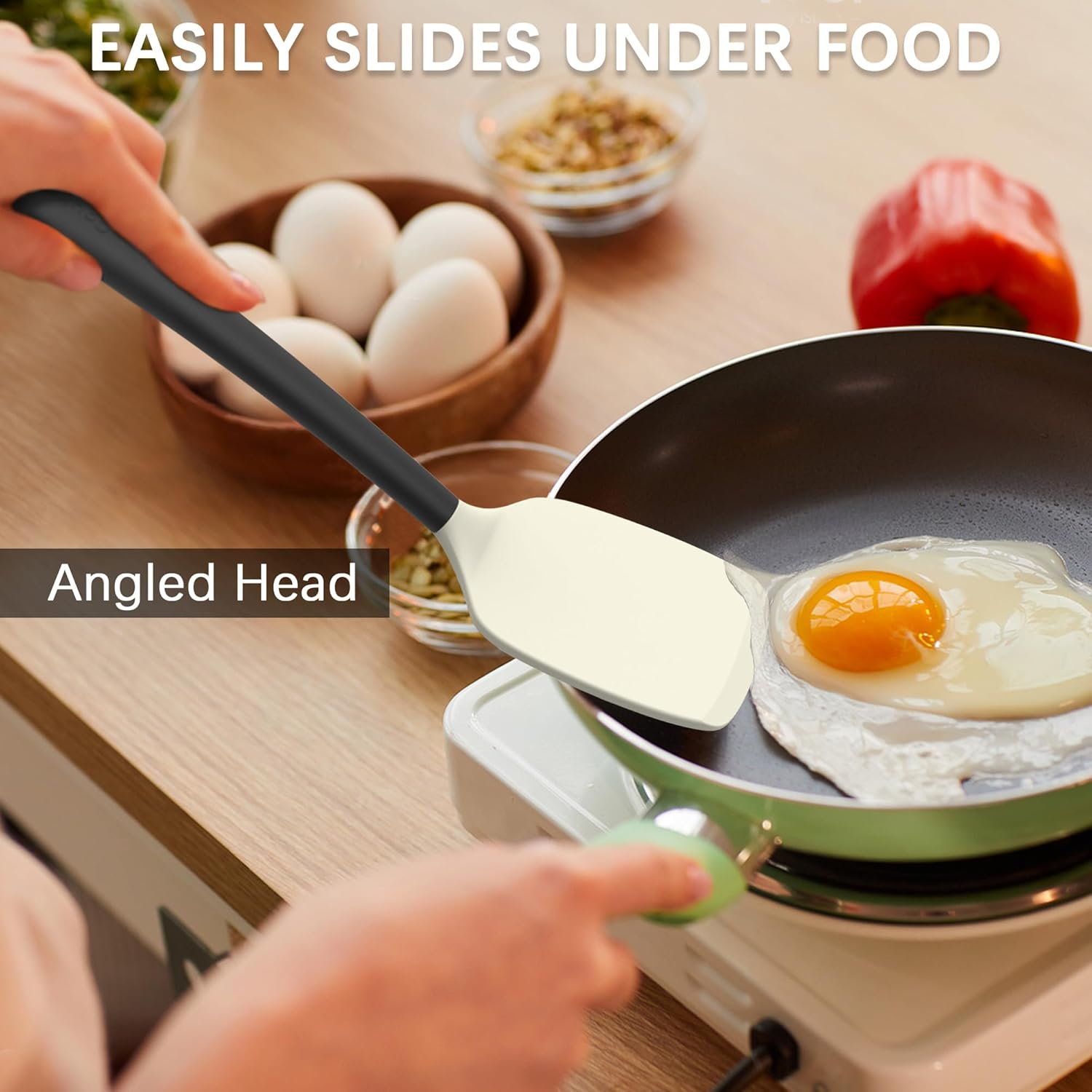 Coukre 2 Pack Silicone Spatula Set, High Heat Resistant, BPA Free Kitchen Spatula, Solid & Slotted Turner for Non-Stick Pans, Saut&eacute;ing, and Flipping (2, Beige) image number 6