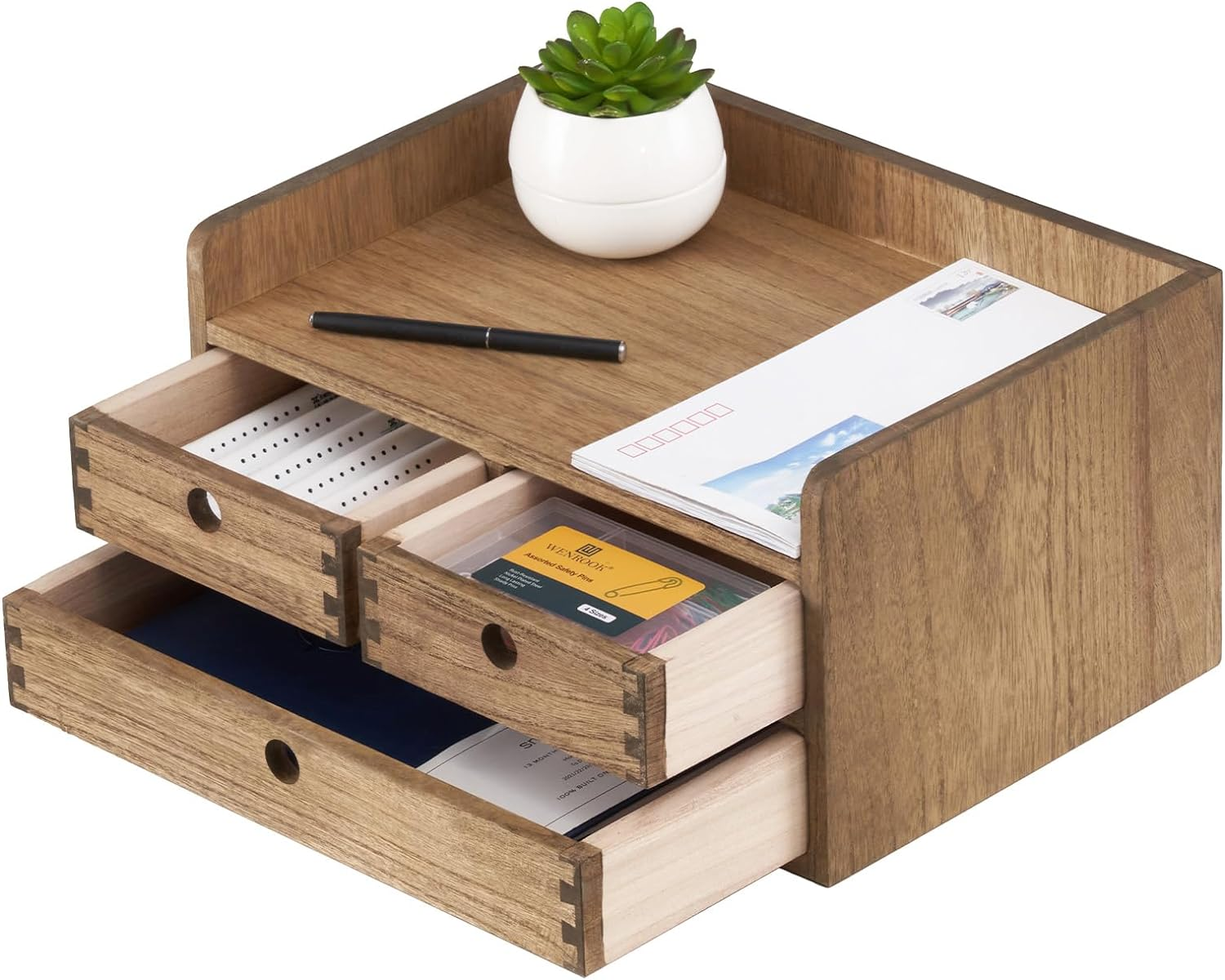 KIRIGEN Desk Organizer with 3 Drawers - Wood Drawer Storage Box with Trays for Tabletop - Workspace Office Toiletries Supplies Tool Caddy - Wooden Storage Cabinet1 Layer Dark Brown（Dt1D3C-Dbr）