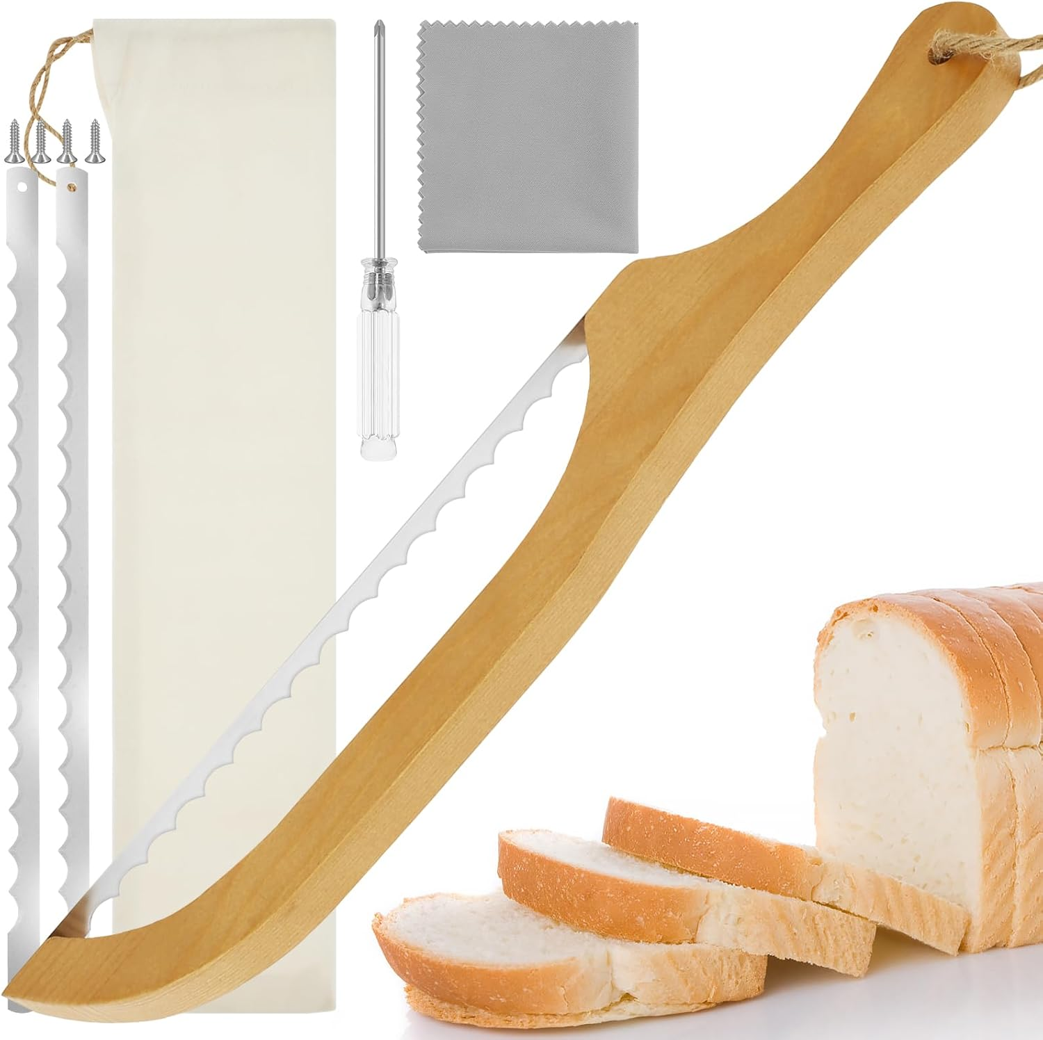 Serrated Bread Bow Knife with 2 Spare Blades,Stainless Steel Bread Cutting Tool,15.7In Fiddle Bow Handle Design Bread Slicer,Sourdough Slicer Knife for Sourdough Loaf Baguettes Bagels image number 5