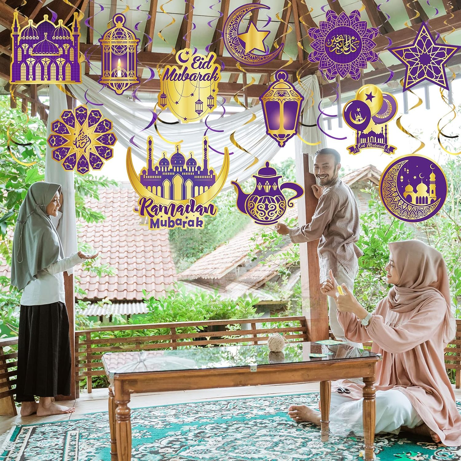 Zonon 30 Pieces Ramadan Mubarak Decorations, Eid Mubarak Hanging Swirl Shining Gold Star Moon Lantern Ceiling Foil Decor for Eid Al-Fitr Party Egyptian Holiday Supplies(Purple and Gold) - Gold, Blue image number 4