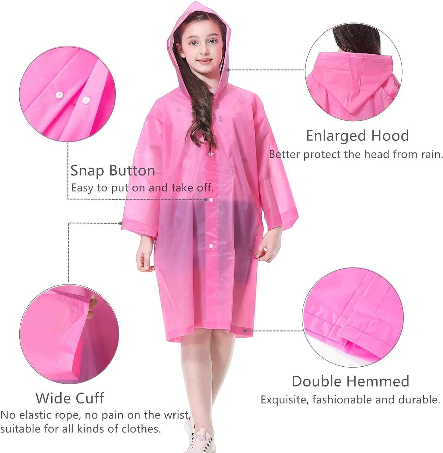 Kids Rain Poncho 2 Pack, Reusable Raincoat Rain Jackets for 6-14 Girls Boys - 2 White image number 3