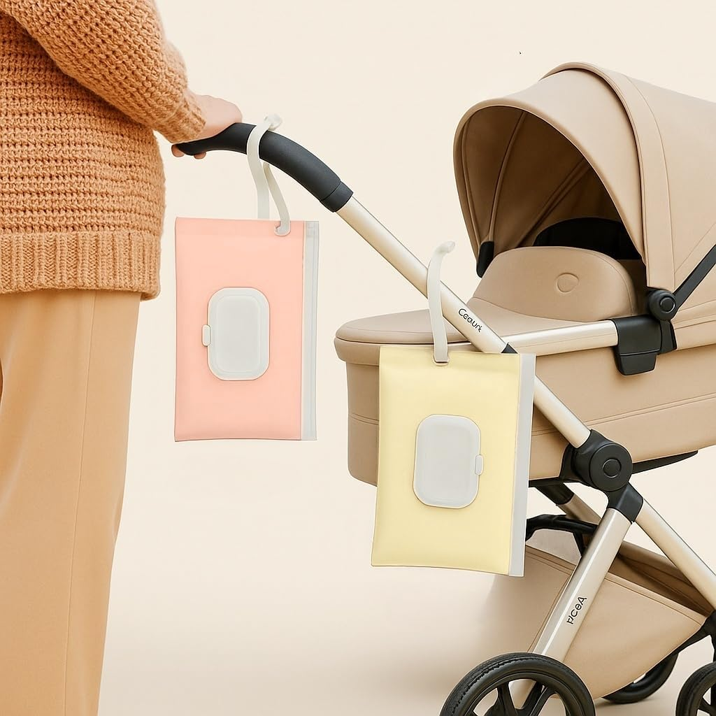 Baby Wipes Dispenser 2-Pack, Blush Pink & Cream Dual-Color Set, EVA Waterproof Material, Leak-Proof, Portable Wet Wipes Dispenser with Wrist Strap, Travel Bag Container by Ermaoo image number 3