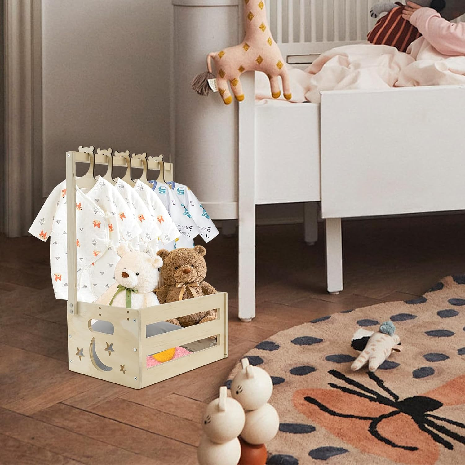 Rustic Wood Baby Storage Crate with 5 Hangers, Large Capacity, Portable Handle, Brown