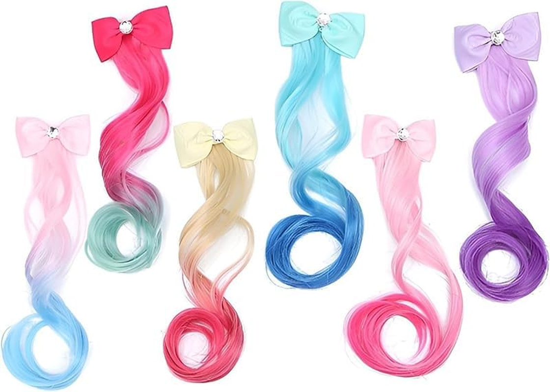 Colored Curly Hair Extension Clips, 6Pcs Unicorn Wig Hair Clips Bows Hair Braided, Hair Bows Braided Curly Wigs, Unicorn Hair Extension Clip for Little Girls image number 5