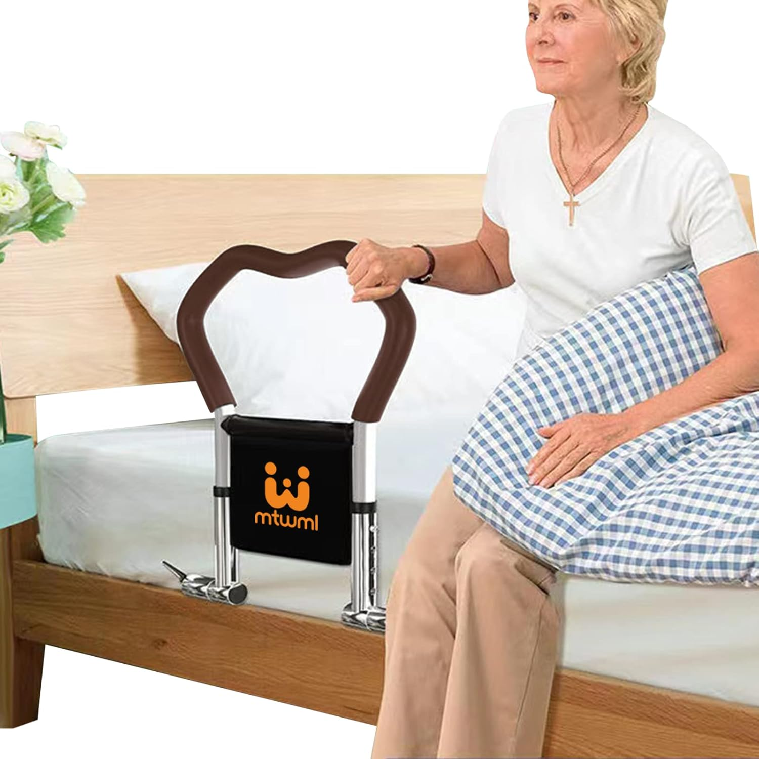 MTWML Bed Rails for Elderly Adults,Adjustable Height Safety Bed Assist Rail for Handicap Seniors Pregnant,Bedside Rails Get Out of Bed Helper with Pocket Fits King,Queen,Full,Twin Bed (Brown) image number 3